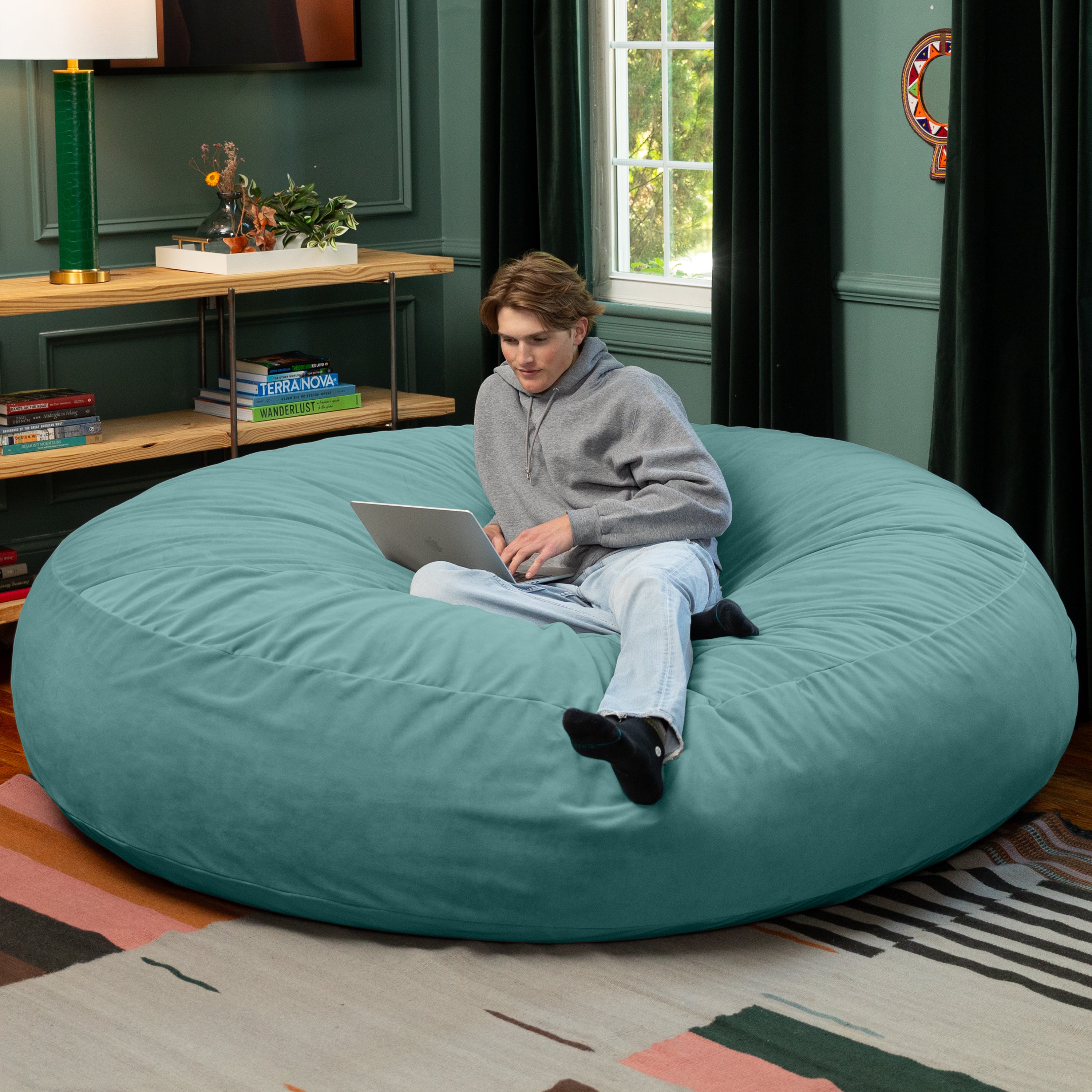 Jaxx 6 Foot Cocoon - 2-in-1 Convertible Bean Bag Bed & Large Bean Bag Chair for Adults, Premium Lush Velvet - Turquoise