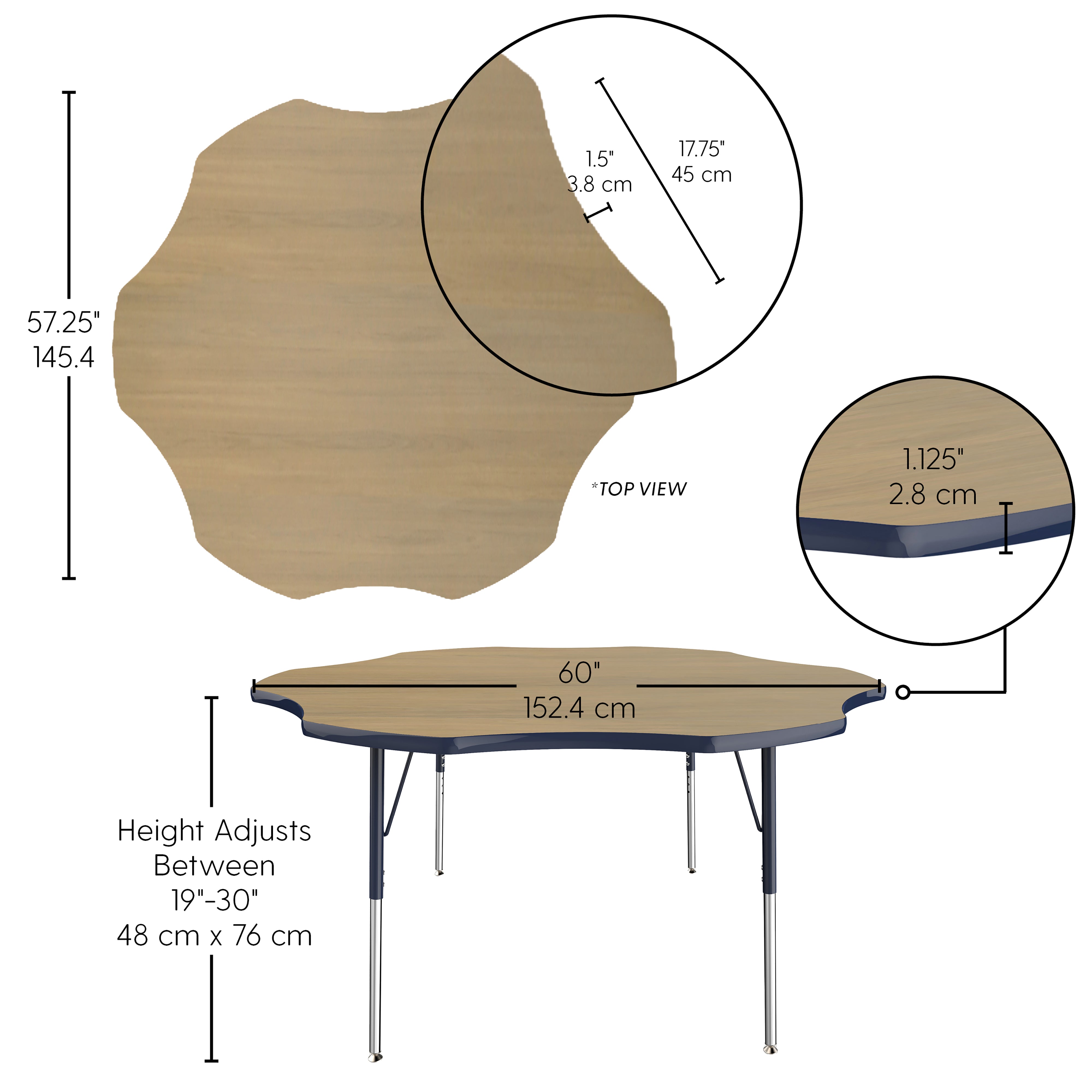 60" x 60" Flower T-Molding Activity Table with Adjustable Standard Swivel Glide Legs - Pasadena Oak/Navy
