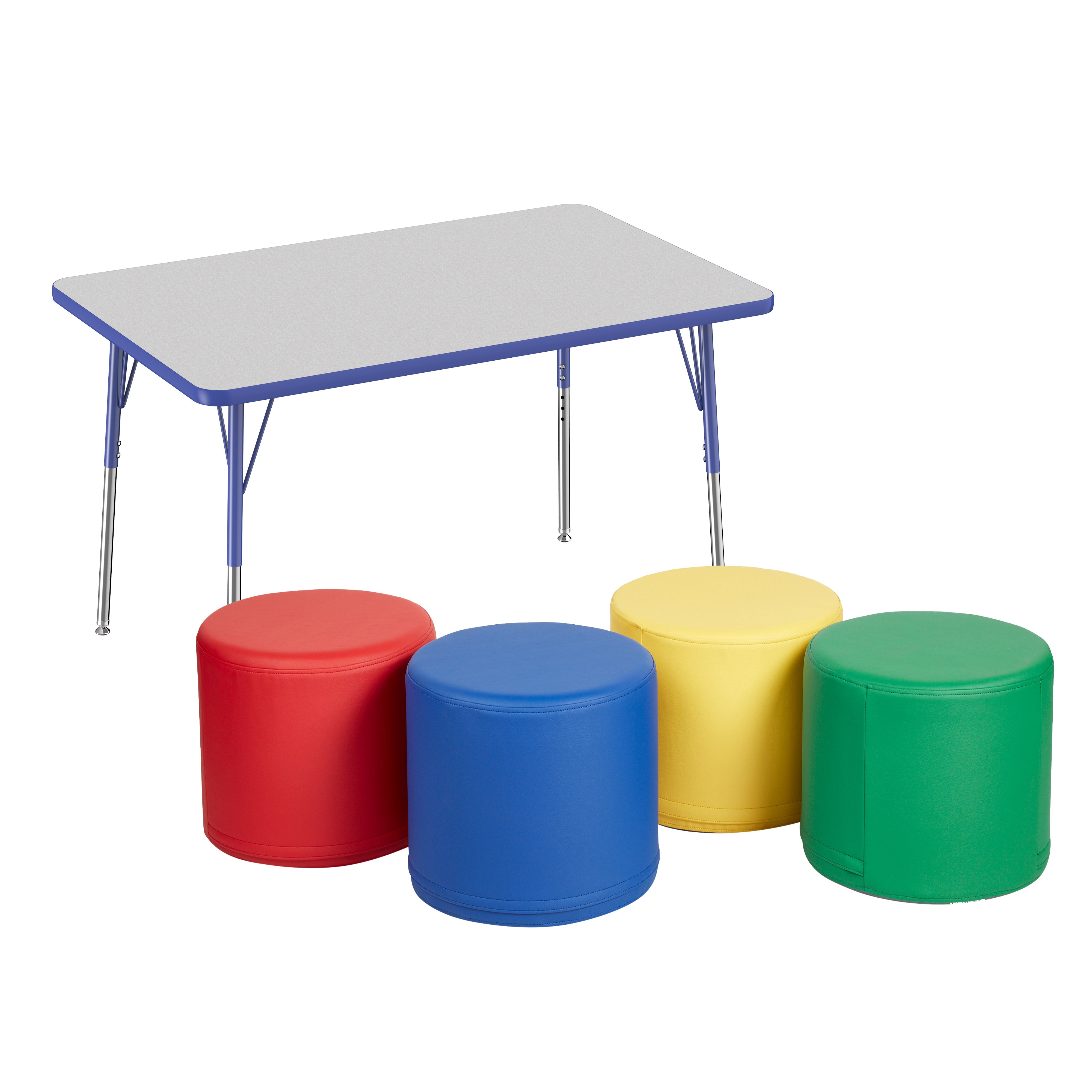 30" x 48" Rectangle T-Molding Activity Table with Standard Swivel Legs and Round Ottomans 16" Height, 5-Piece Set - Gray/Blue/Assorted