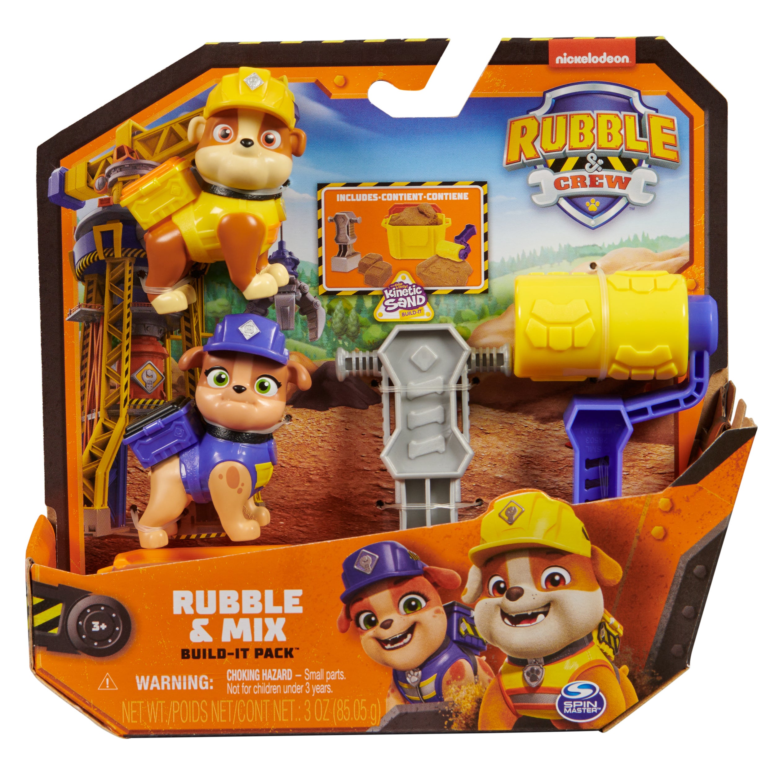 Rubble & Crew, Rubble and Mix Action Figures Set, with 3 oz of Kinetic Build-It Sand and 2 Hand Held Building Toys, Kids Toys for ages 3 and up