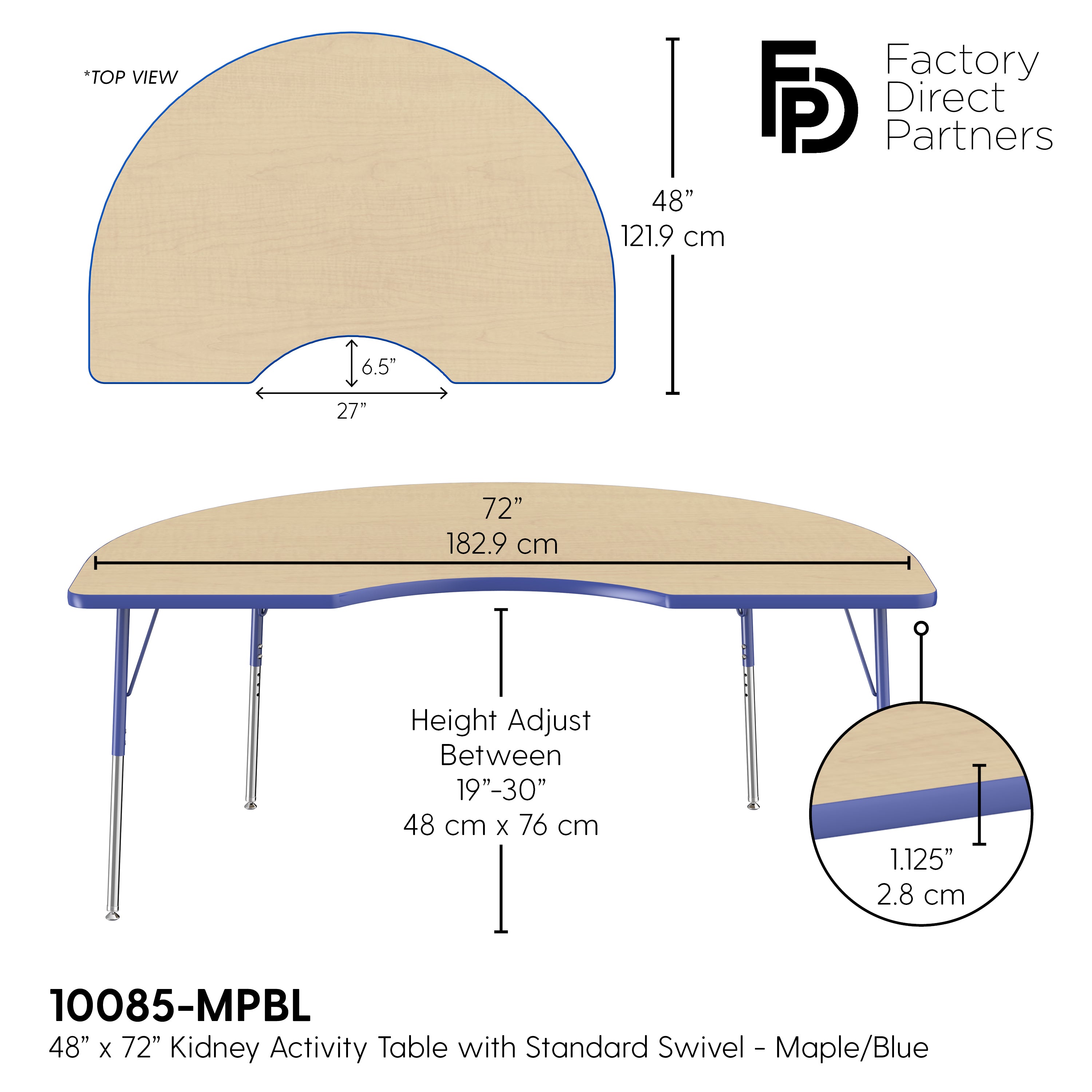 48" x 72" Kidney T-Molding Activity Table with Adjustable Standard Swivel Glide Legs - Maple/Blue