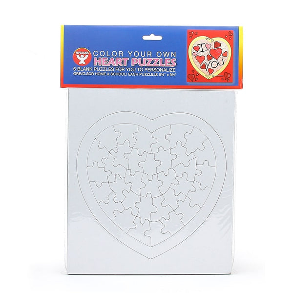 Color Your Own Puzzles - 6 ct, Heart, Frame 8.5"x9.5", Puzzle 7.75"x7.5", 34 pcs per puzzle