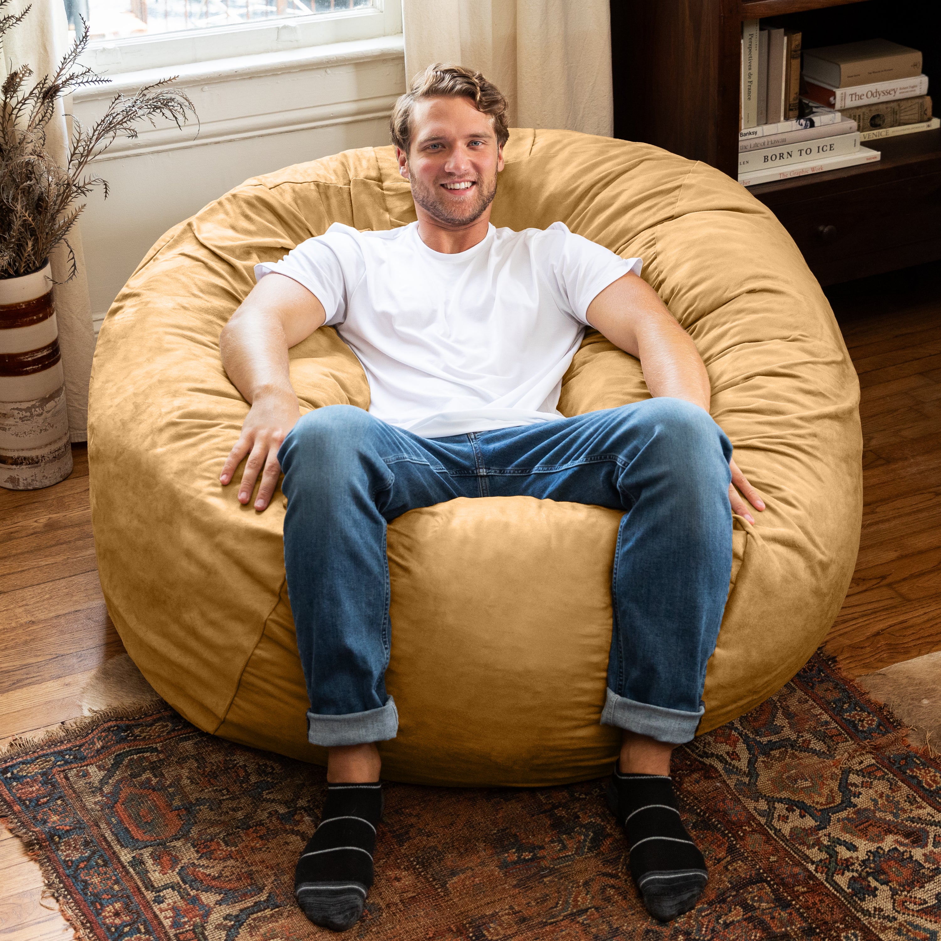 Jaxx Basics 5 Foot Large Adult Bean Bag Chair, Oversized with Filler, Beige