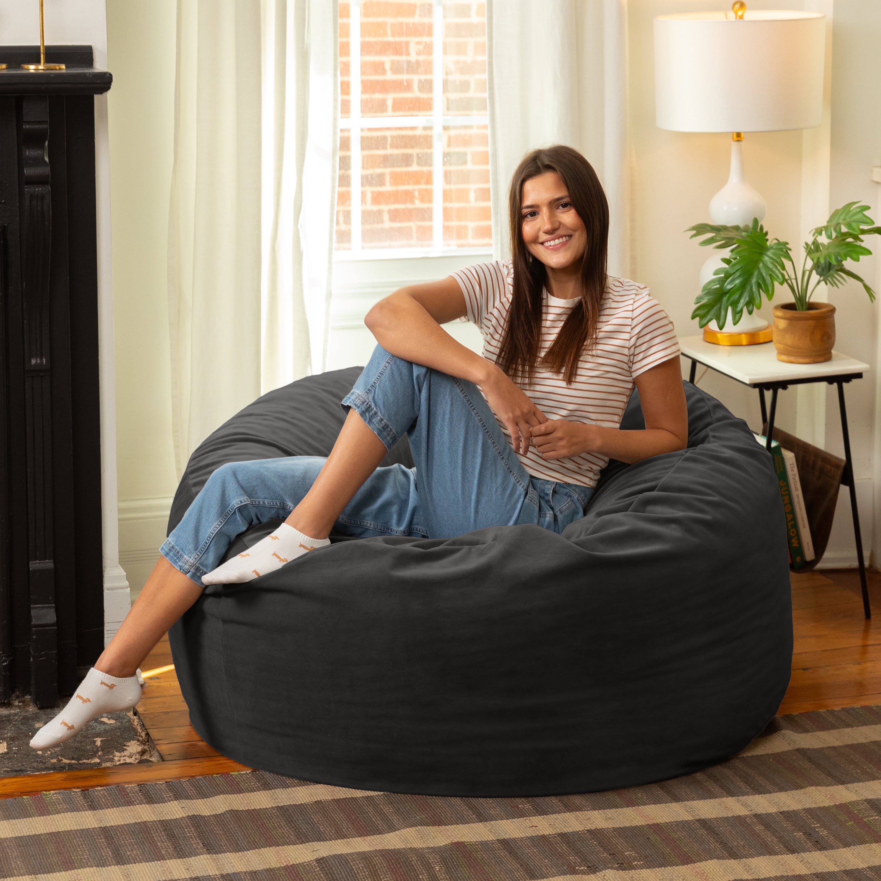Jaxx 4 Foot Saxx - Large Round Bean Bag Chair for Adults - Lush Velvet Black