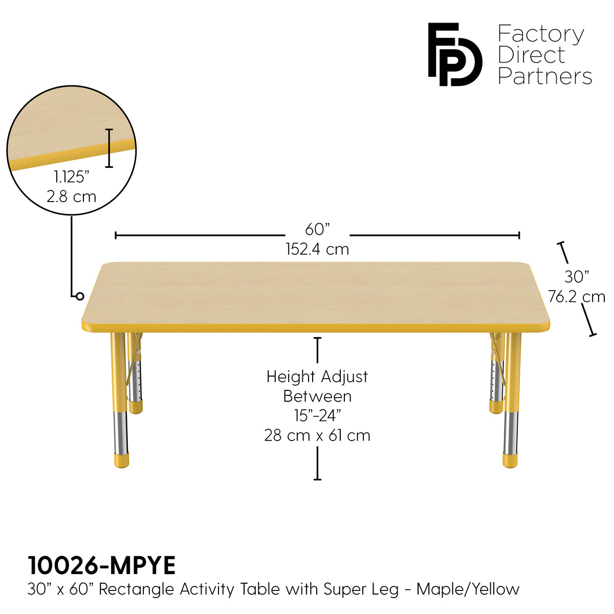 30" x 60" Rectangle T-Molding Activity Table with Adjustable Chunky Legs - Maple/Yellow