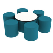 Pro Series Dry-Erase 30" Round Ottoman Table with Round 18" H Seating, 7-Piece Set - Teal/Whiteboard
