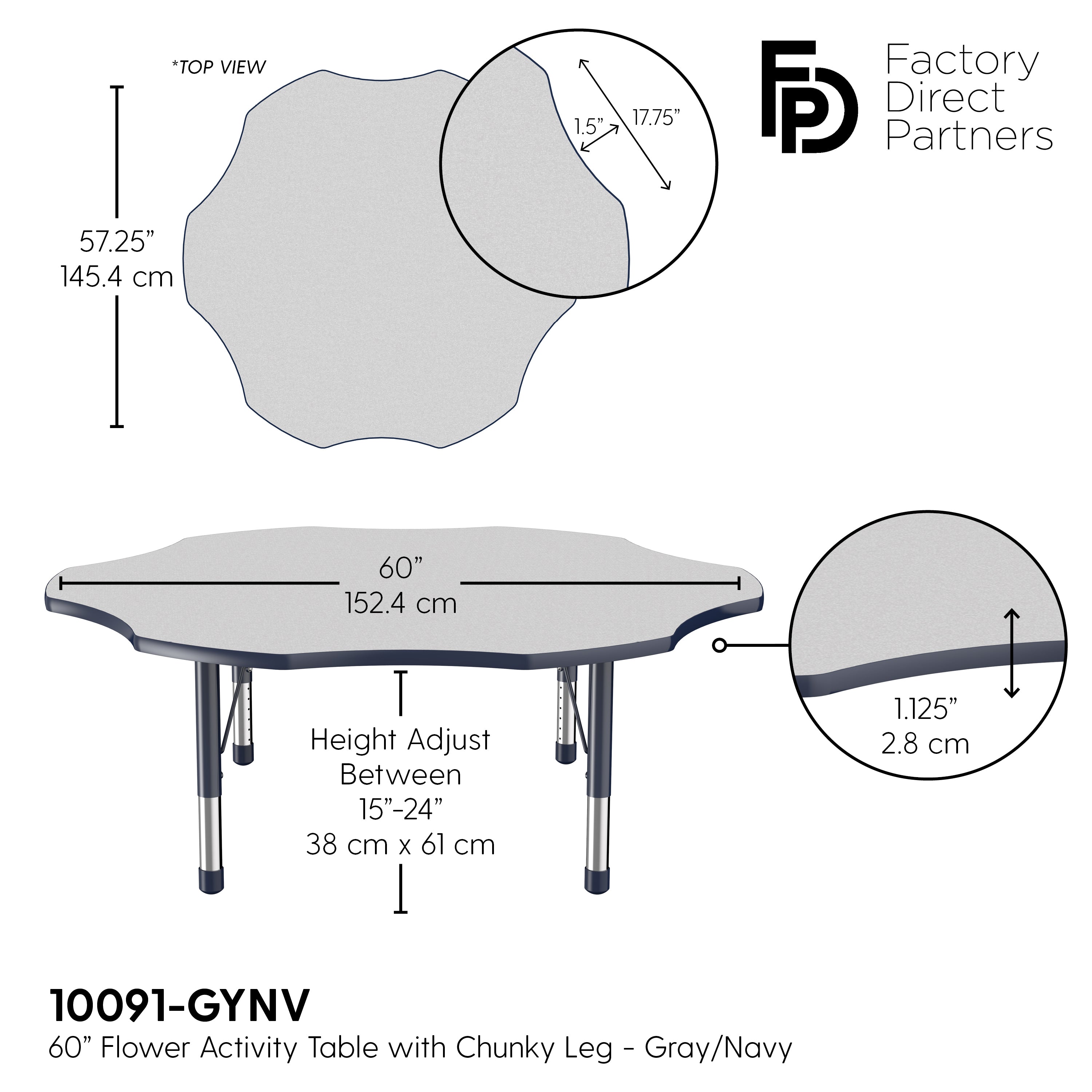 60" x 60" Flower T-Molding Activity Table with Adjustable Chunky Legs - Gray/Navy