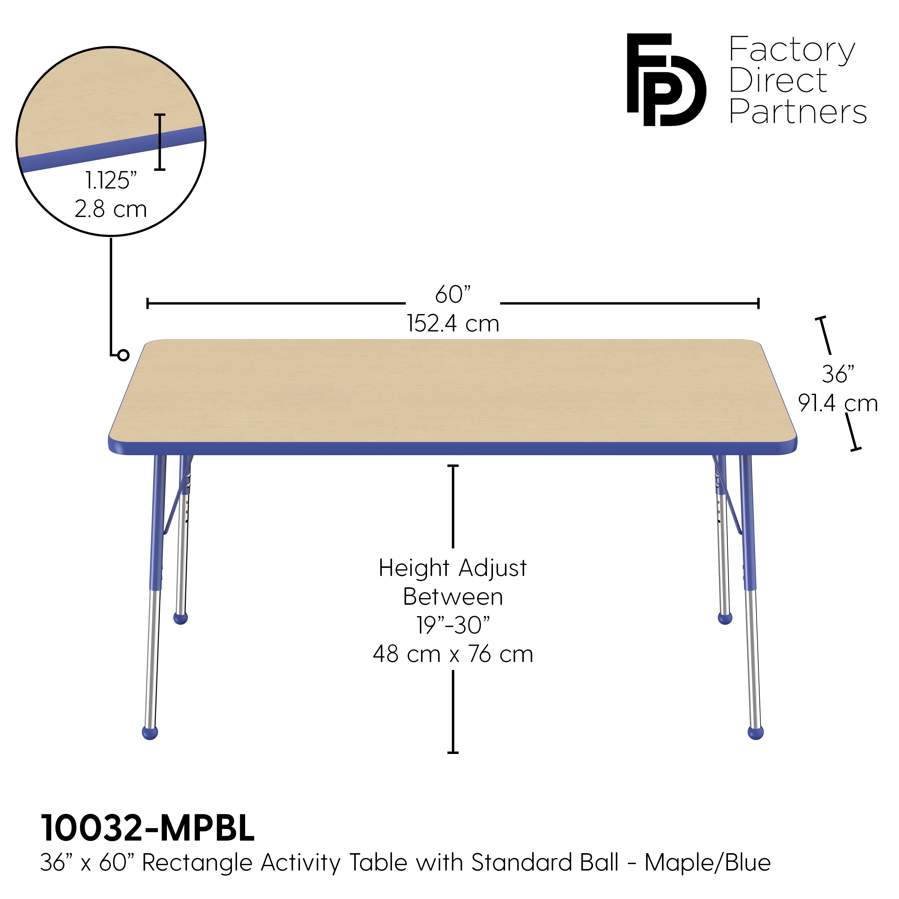 36" x 60" Rectangle T-Molding Activity Table with Adjustable Standard Ball Glide Legs - Maple/Blue