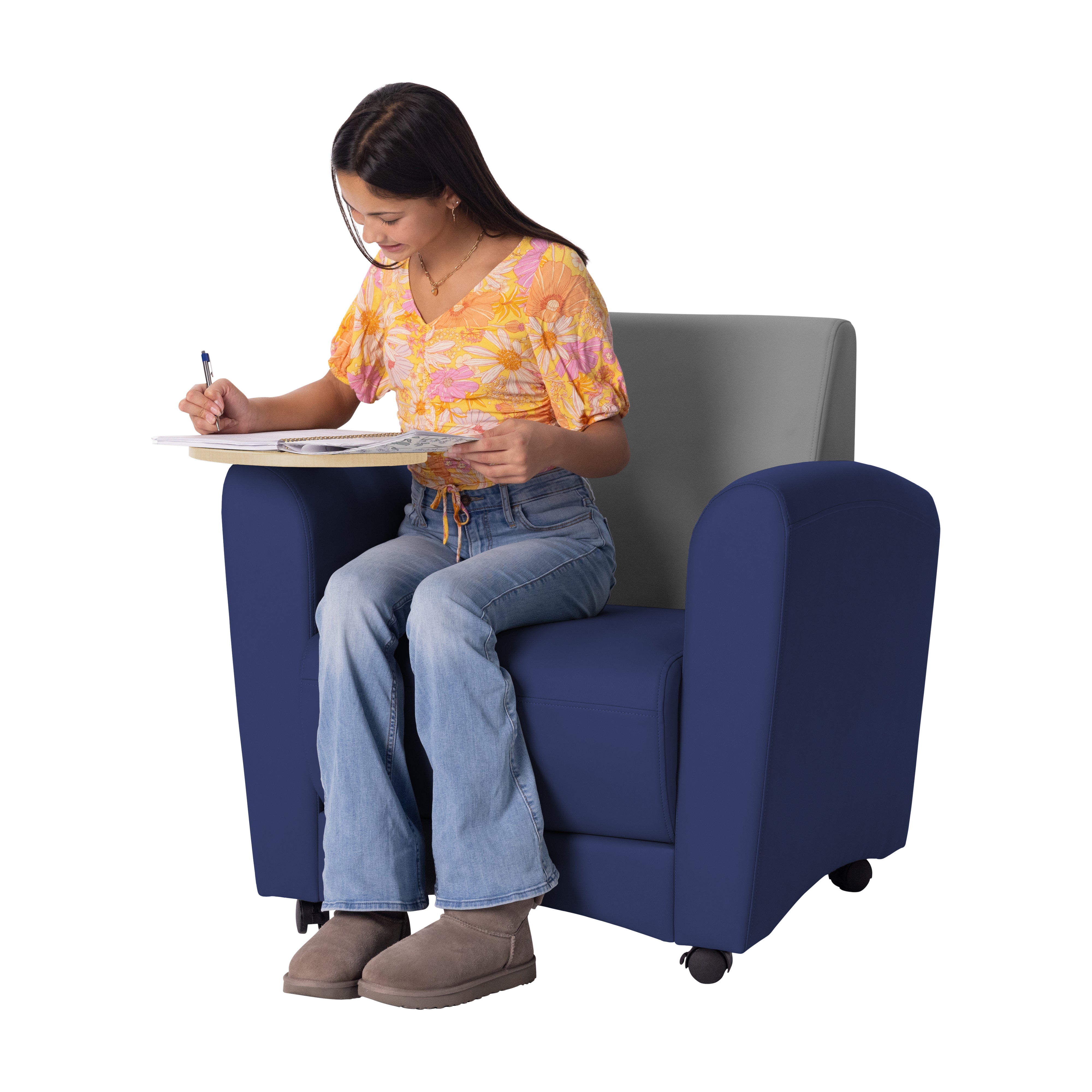 Pro Series Upholstered Common Area Chair with Tablet - Navy/Gray/Maple Grain