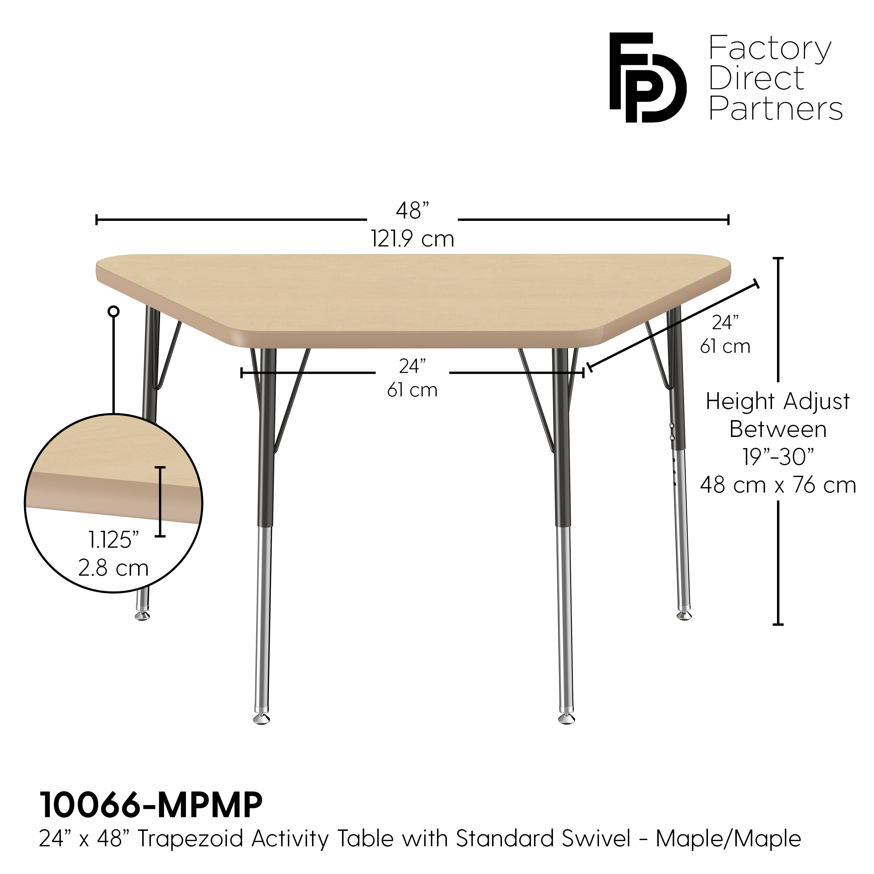 24" x 48" Trapezoid T-Molding Activity Table with Adjustable Standard Swivel Glide Legs - Maple/Maple/Black