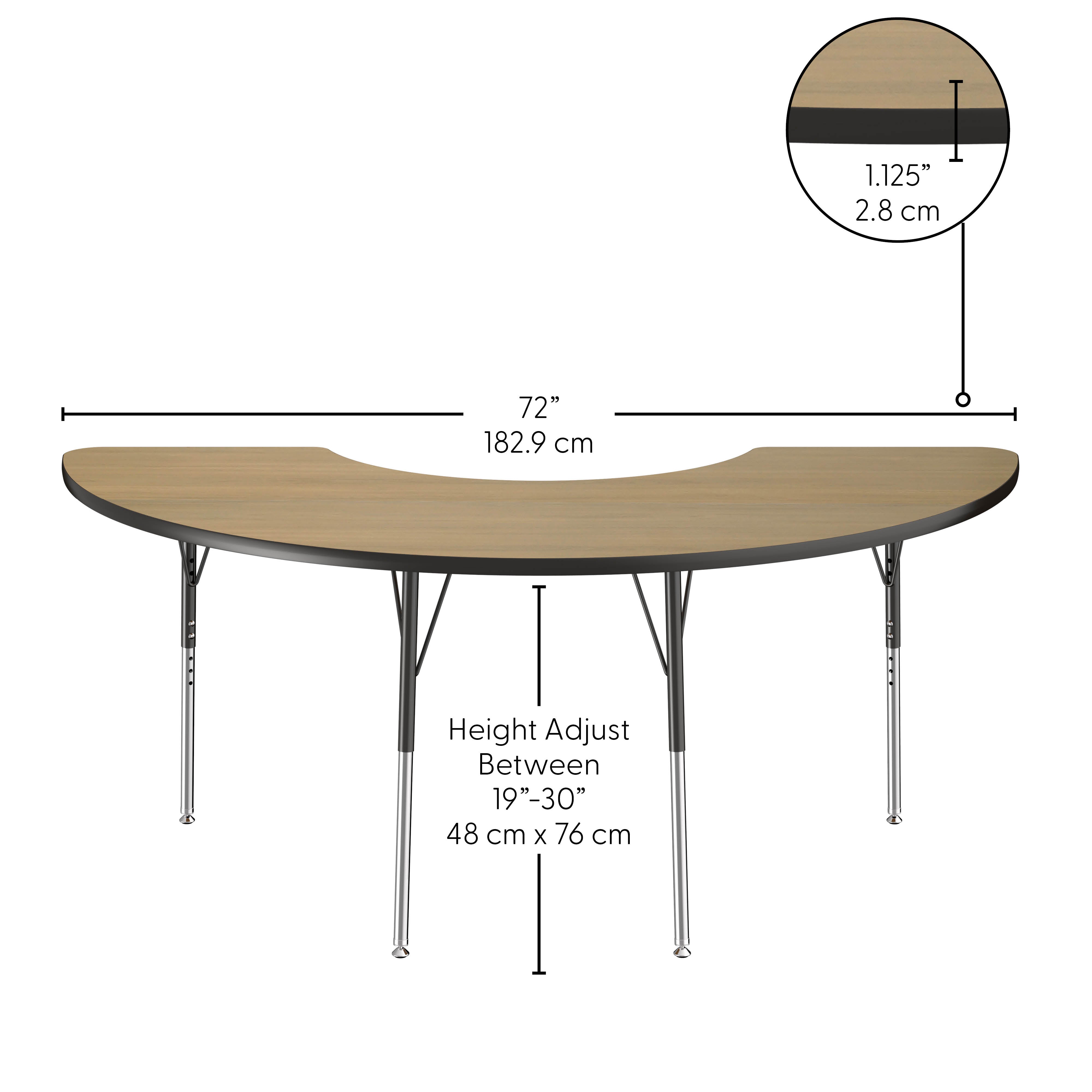 36" x 72" Half Moon Thermofused Activity Table with Adjustable Standard Swivel Glide Legs - Pasadena Oak/Black