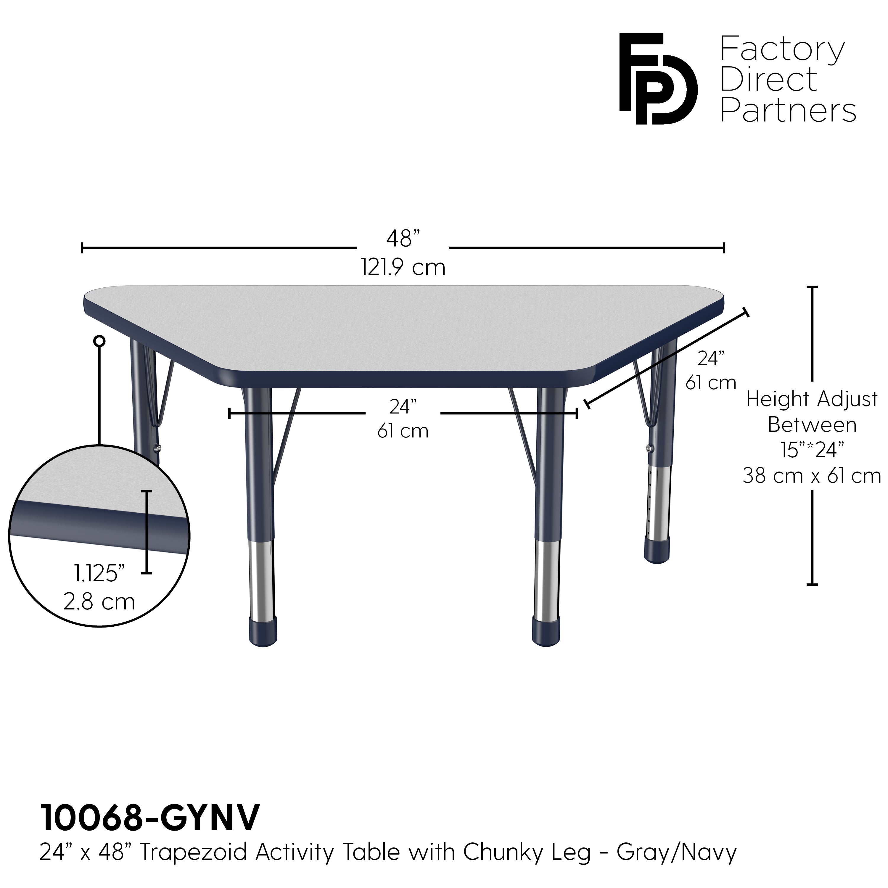 24" x 48" Trapezoid T-Molding Activity Table with Adjustable Chunky Legs - Gray/Navy