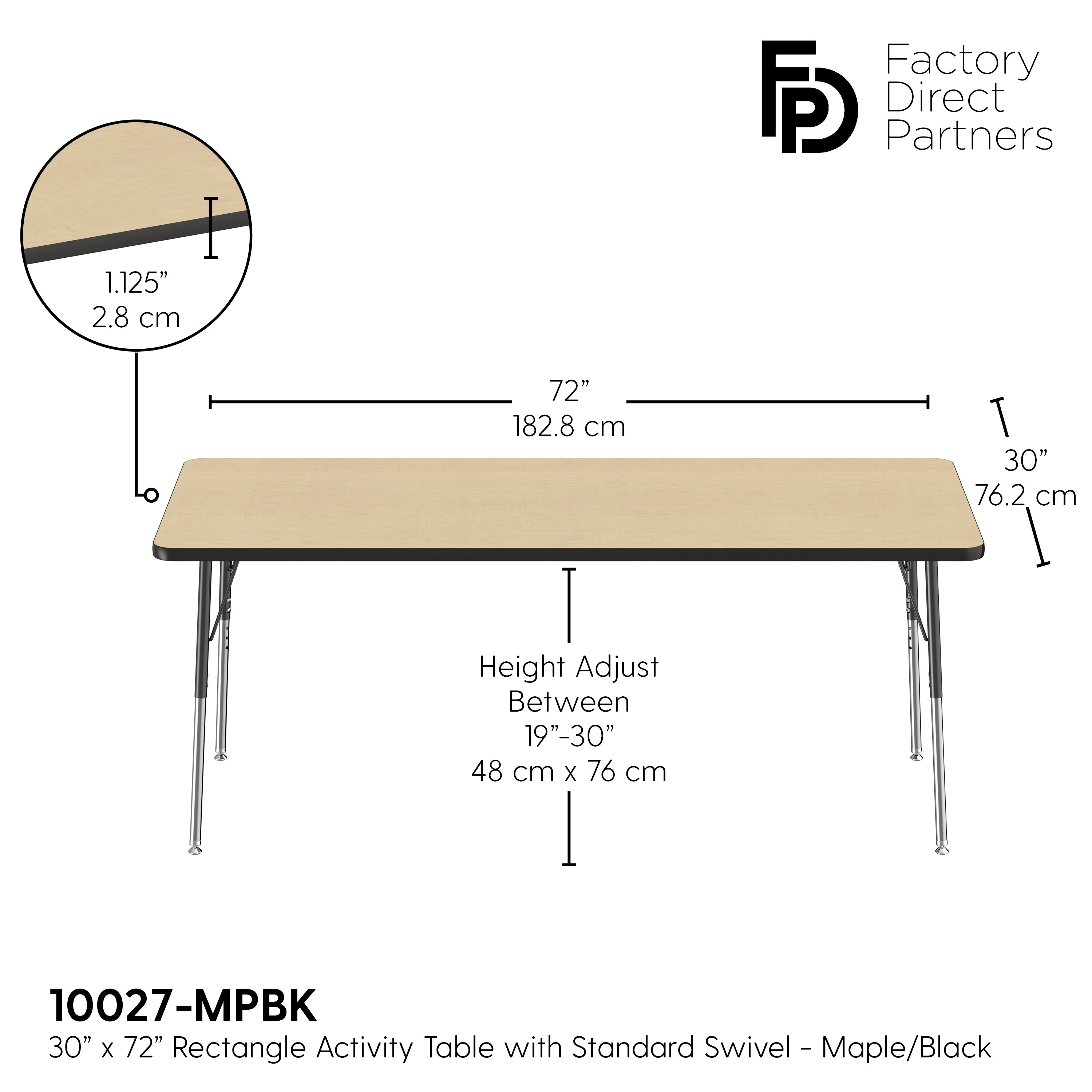 30" x 72" Rectangle T-Molding Activity Table with Adjustable Standard Swivel Glide Legs - Maple/Black