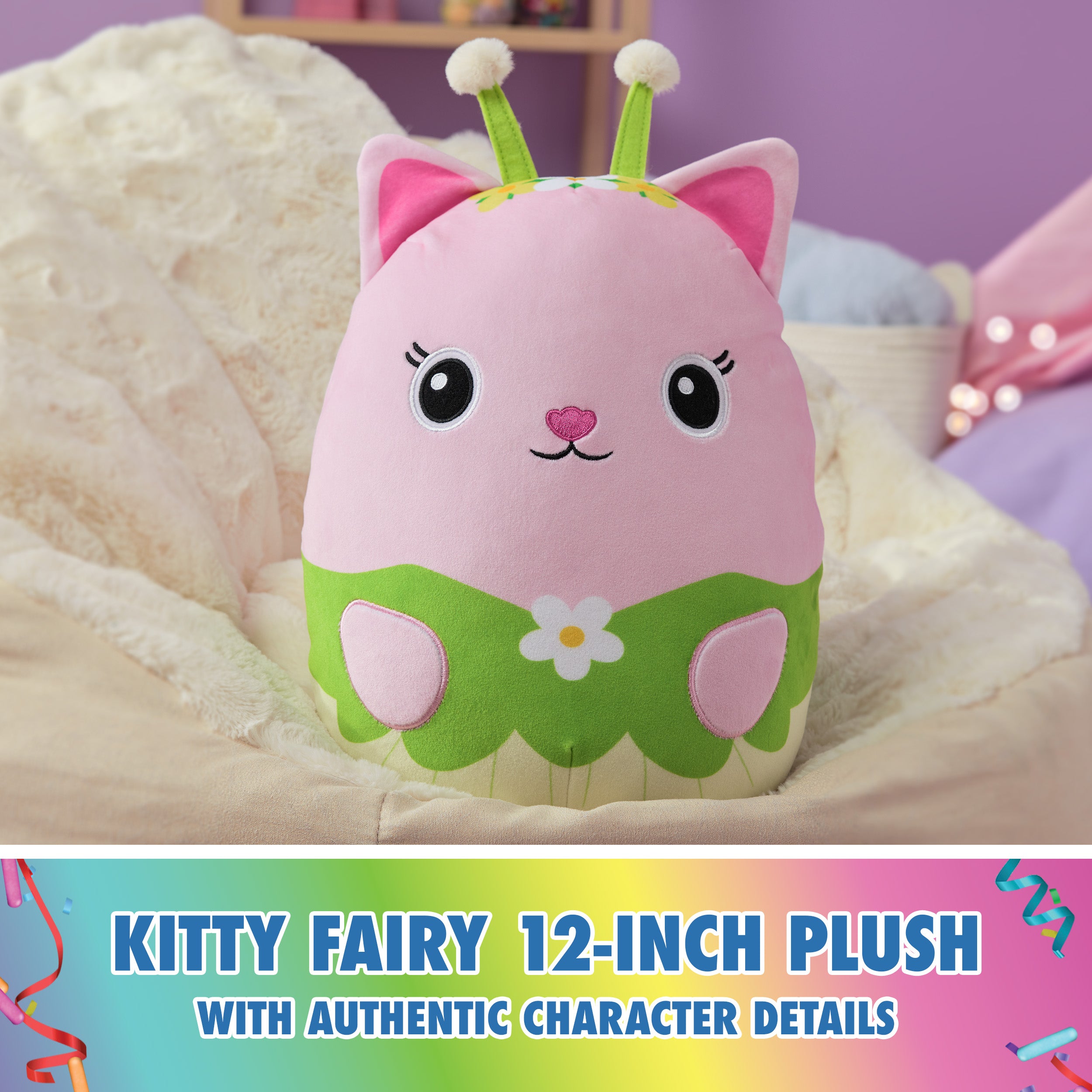 Gabby’s Dollhouse Official Kitty Fairy Squishy Plush Toy, Cat Stuffed Animal, Squishy Toys for Ages 1 & Up, Pink/Green, 12”