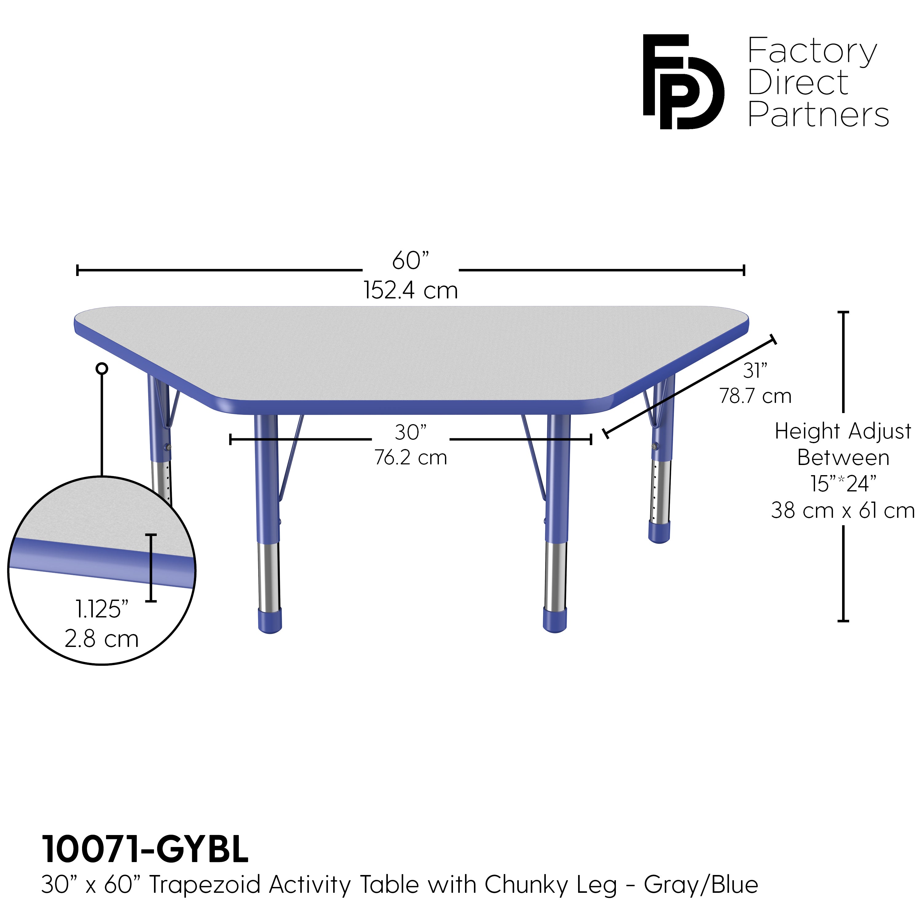 30" x 60" Trapezoid T-Molding Activity Table with Adjustable Chunky Legs - Gray/Blue