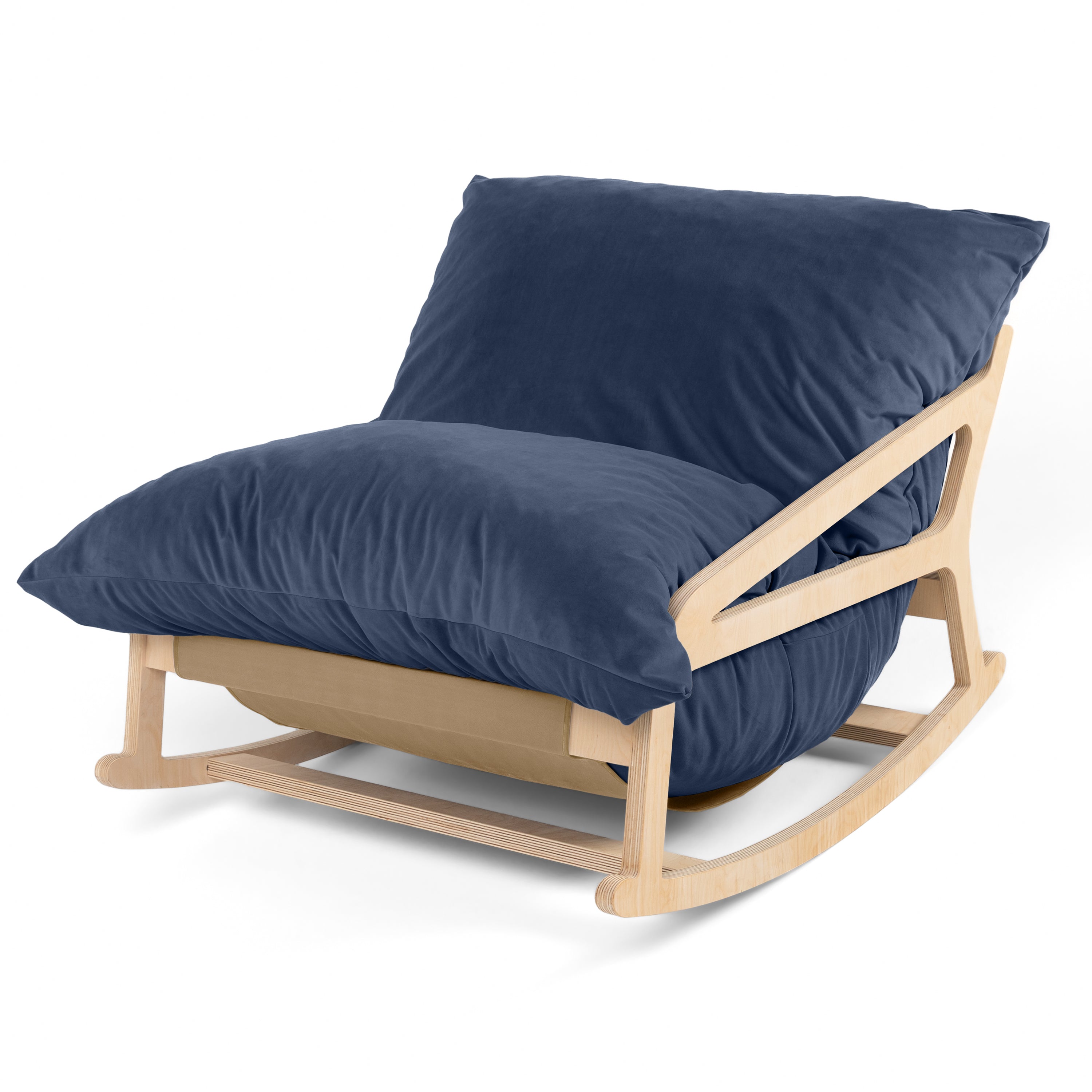Pillow Saxx Bean Bag Rocking Chair - Elegant Oversized Rocker with Modern Wood Frame, Lush Velvet Navy Blue