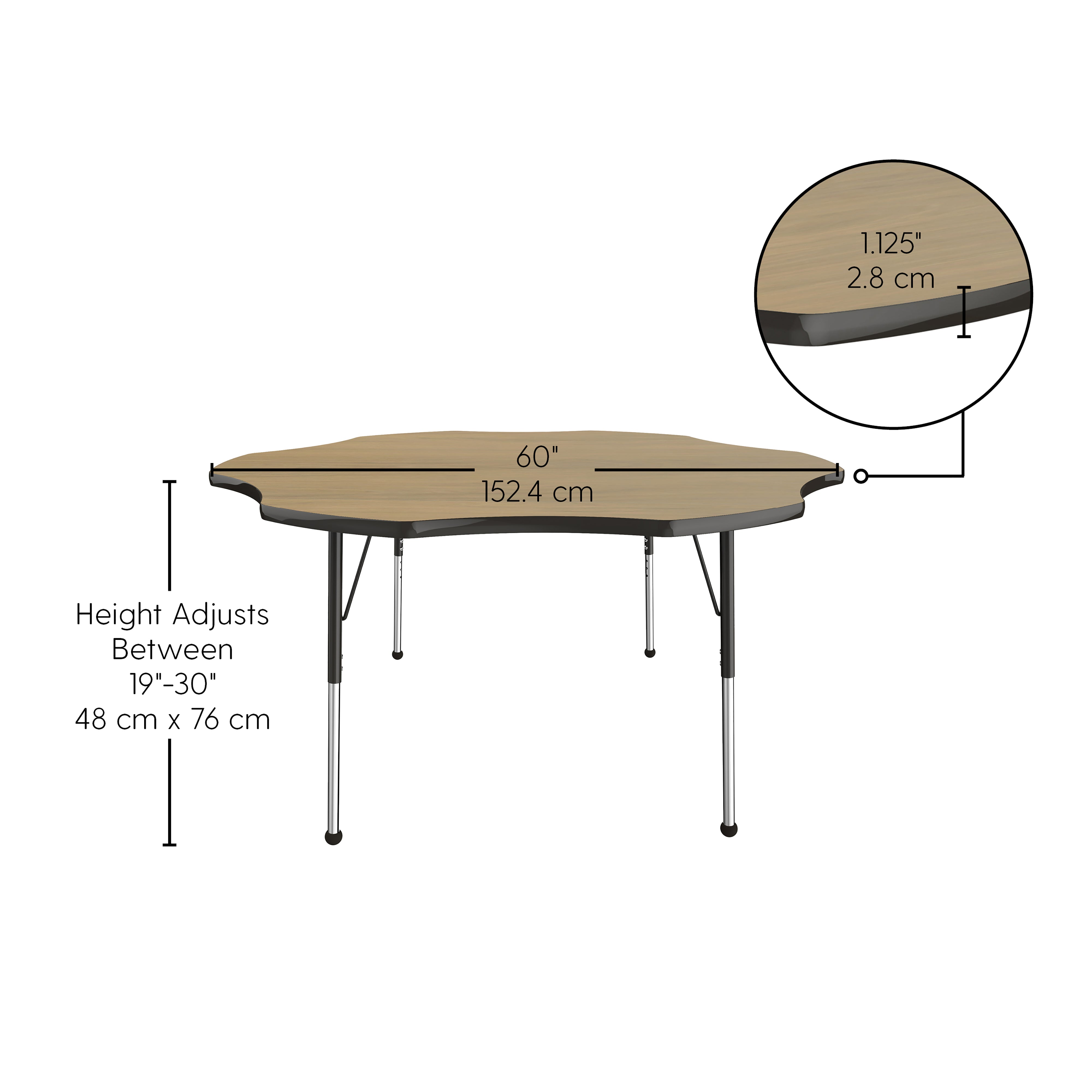 60" x 60" Flower T-Molding Activity Table with Adjustable Standard Ball Glide Legs - Pasadena Oak/Black
