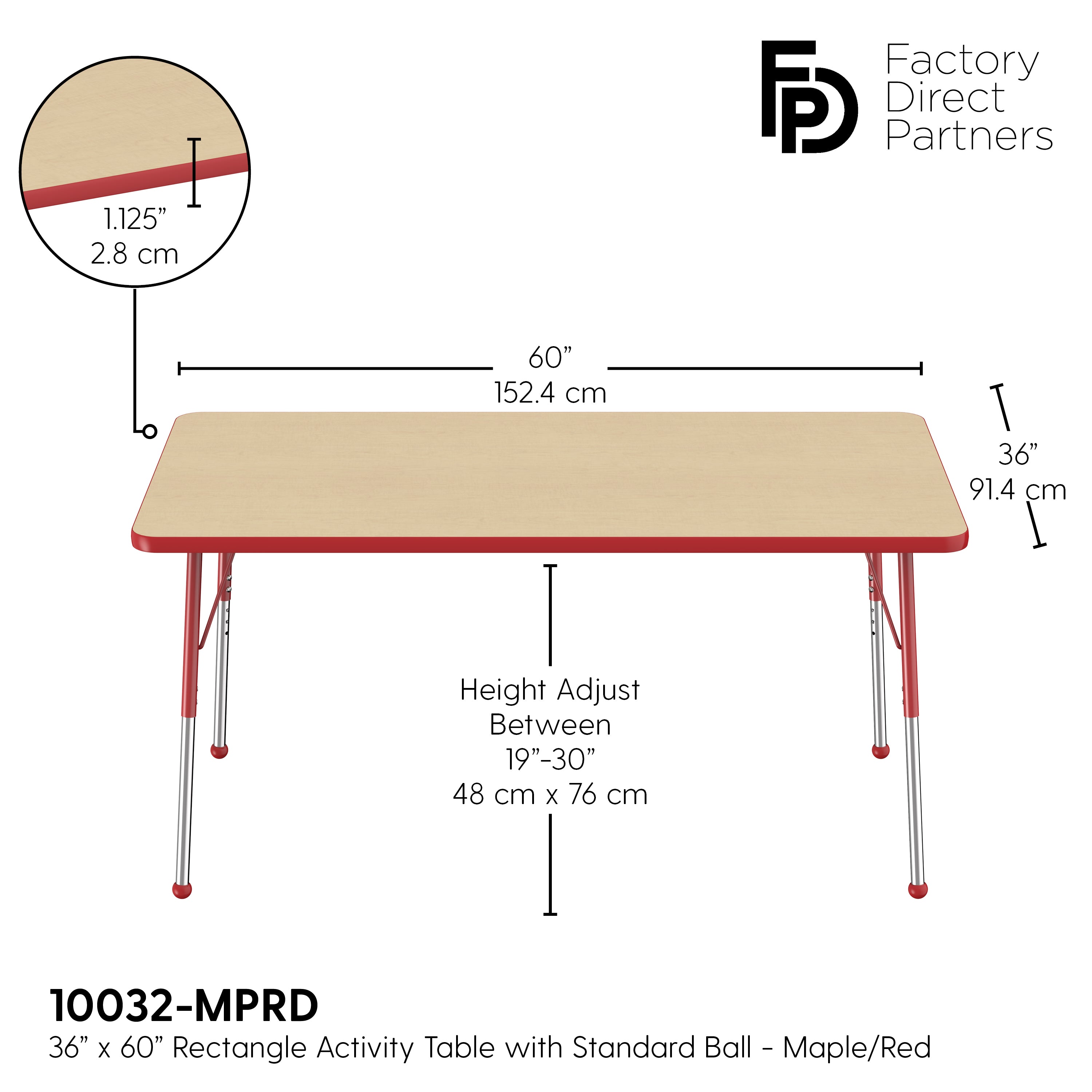 36" x 60" Rectangle T-Molding Activity Table with Adjustable Standard Ball Glide Legs - Maple/Red