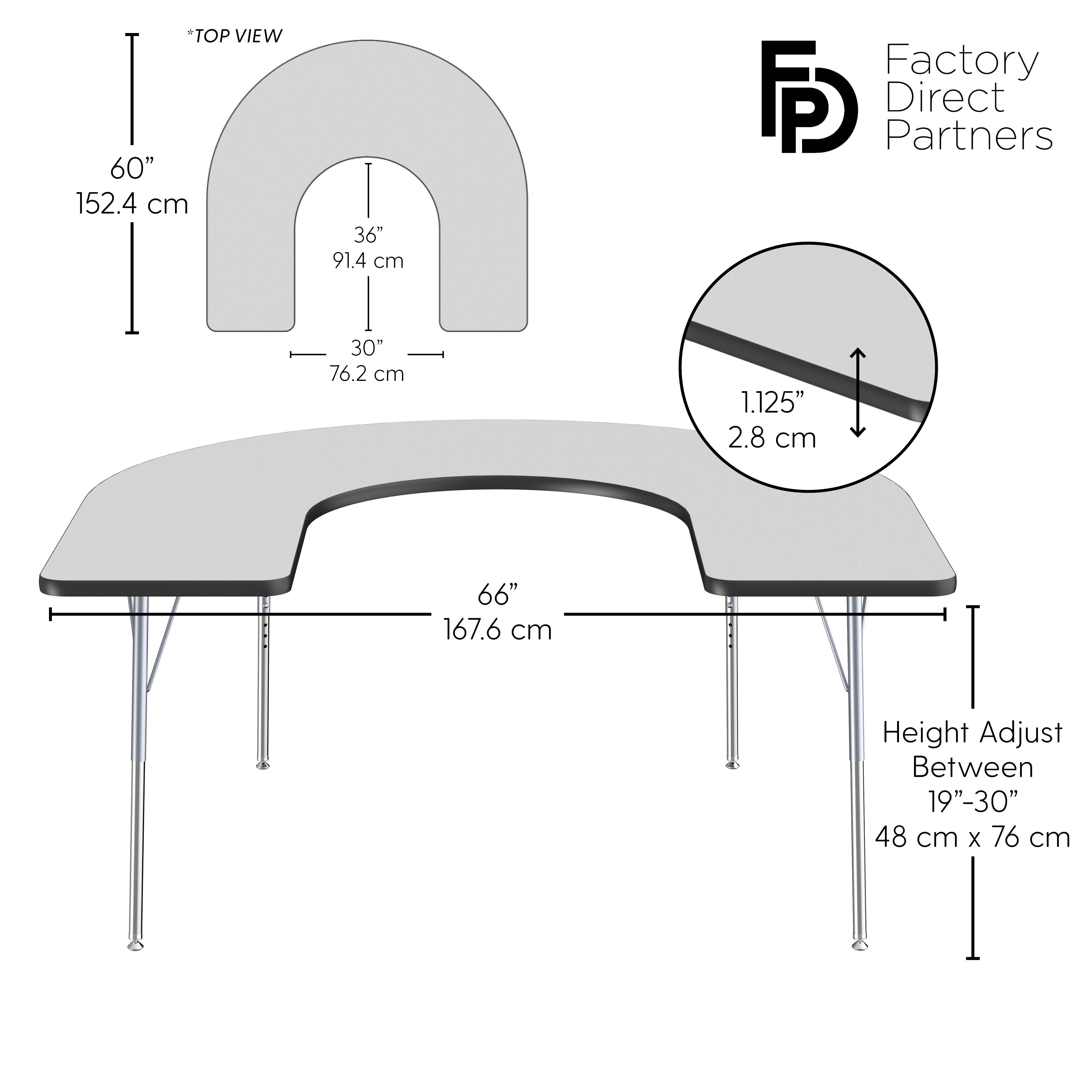 60" x 66" Horseshoe T-Molding Activity Table with Adjustable Standard Swivel Glide Legs - Gray/Black/Silver