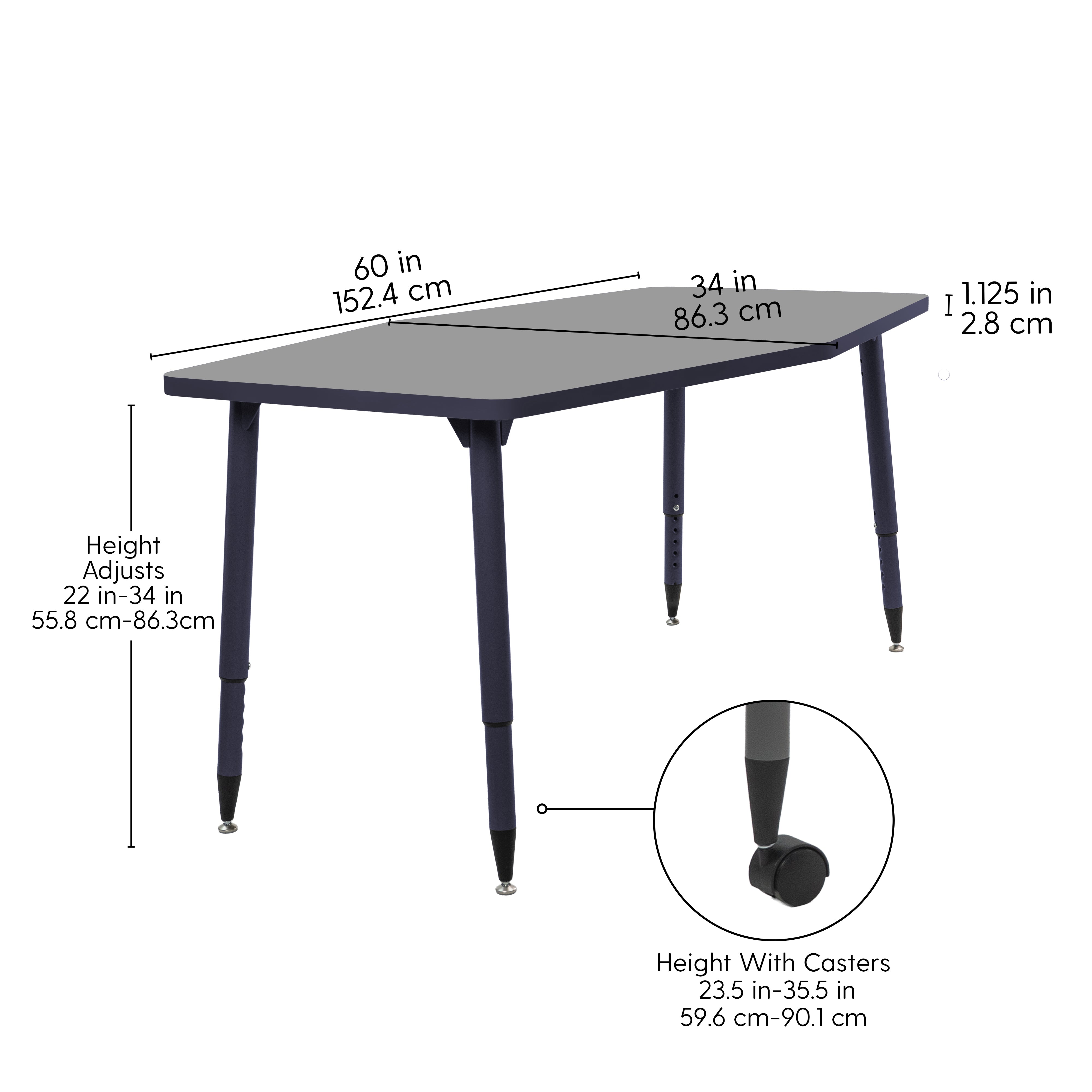 Adapte 34" x 60" Long Hexagon Thermofused Activity Table with Adjustable Tapered Legs - North Sea/Navy