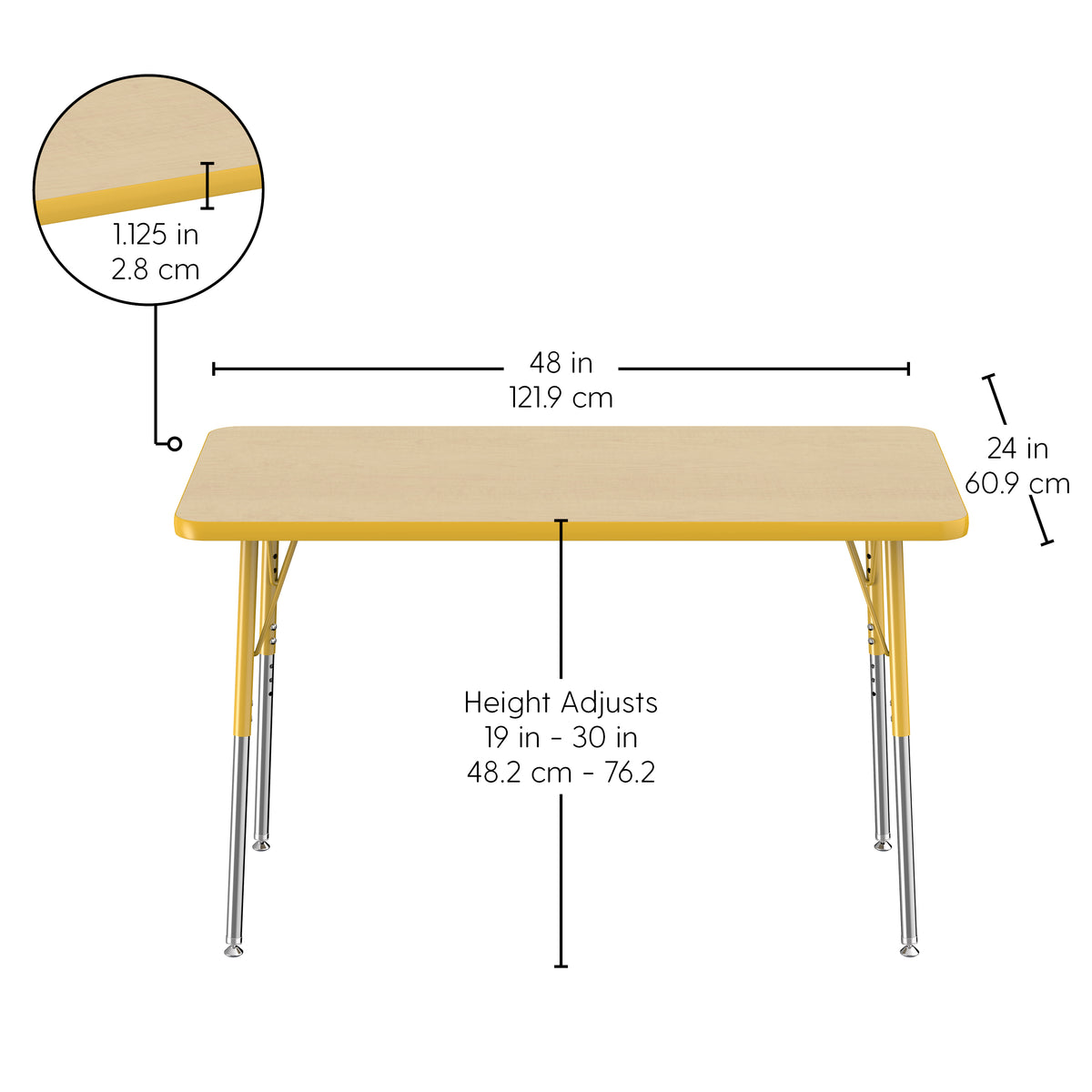 24" x 48" Rectangle T-Molding Activity Table with Adjustable Standard Swivel Glide Legs - Maple/Yellow