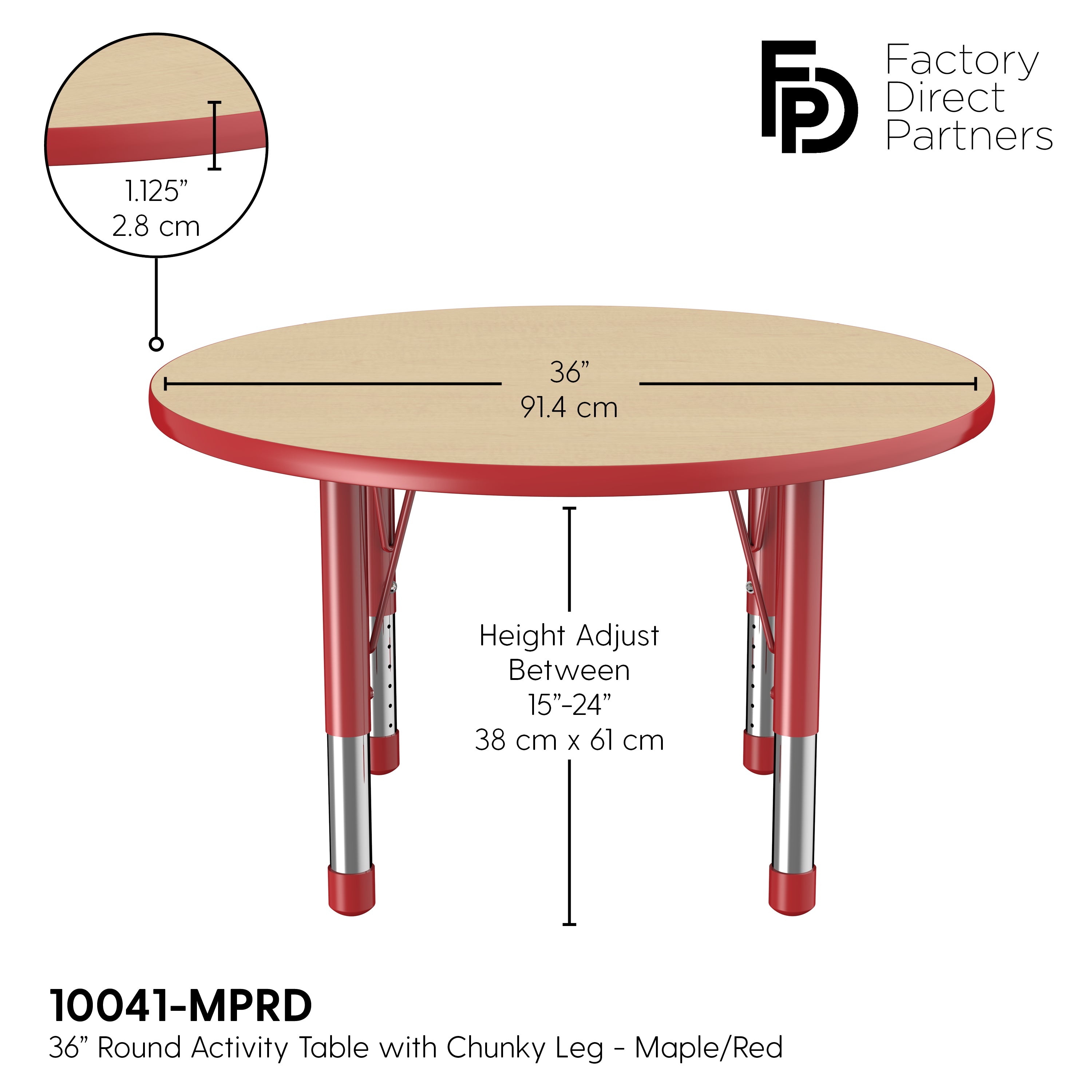 36" Round T-Molding Activity Table with Adjustable Chunky Legs - Maple/Red