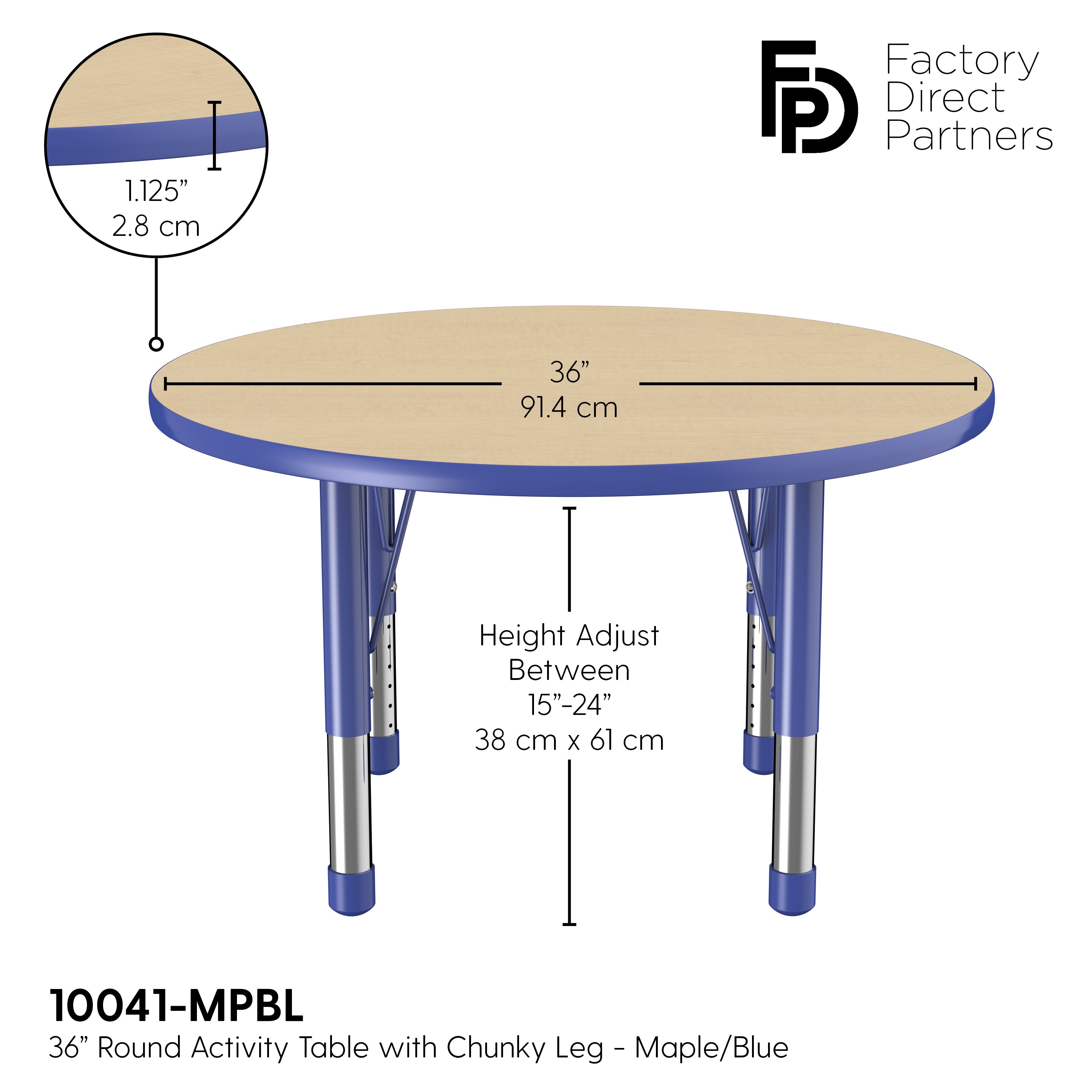 36" Round T-Molding Activity Table with Adjustable Chunky Legs - Maple/Blue