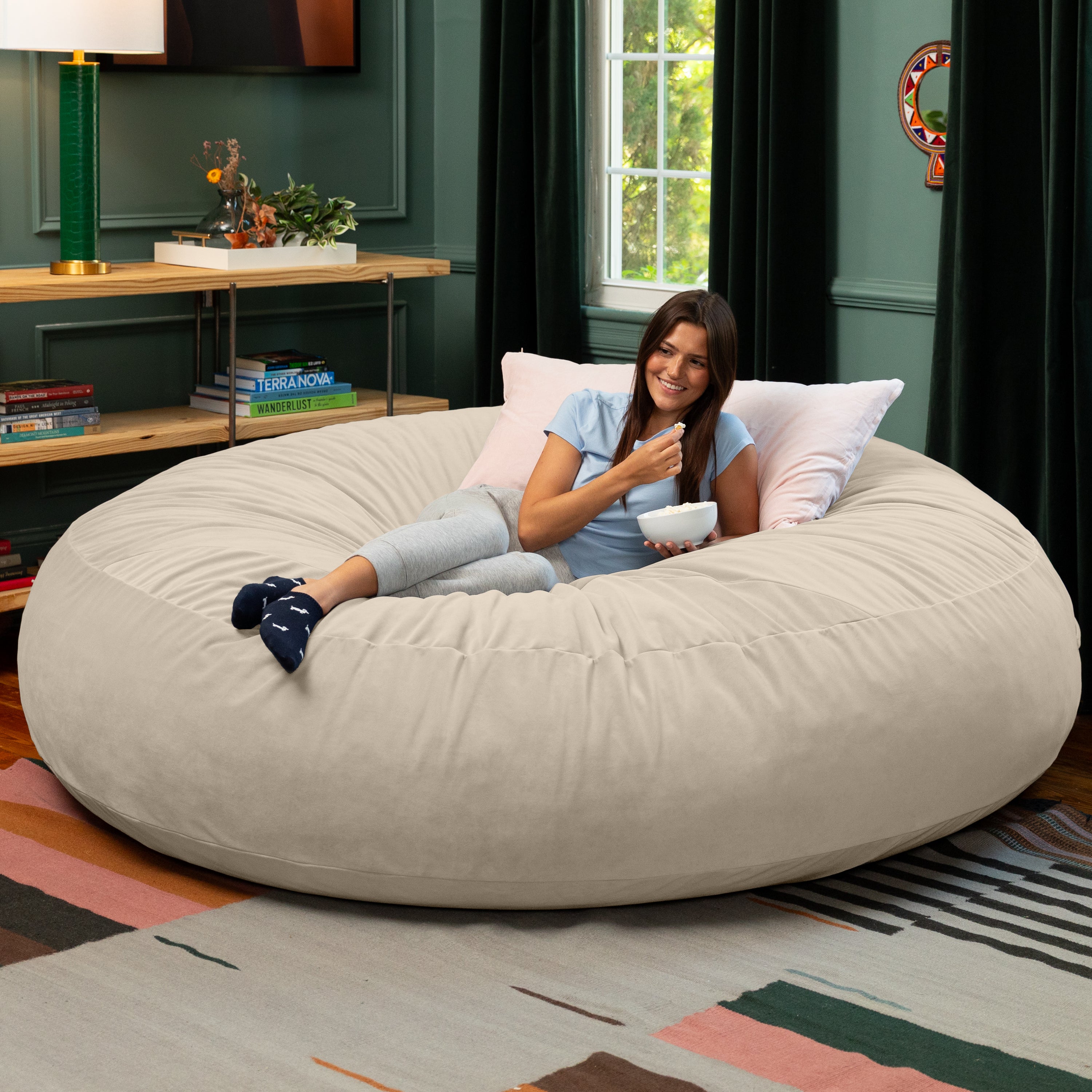 Jaxx 6 Foot Cocoon - 2-in-1 Convertible Bean Bag Bed & Large Bean Bag Chair for Adults, Premium Lush Velvet - Ivory