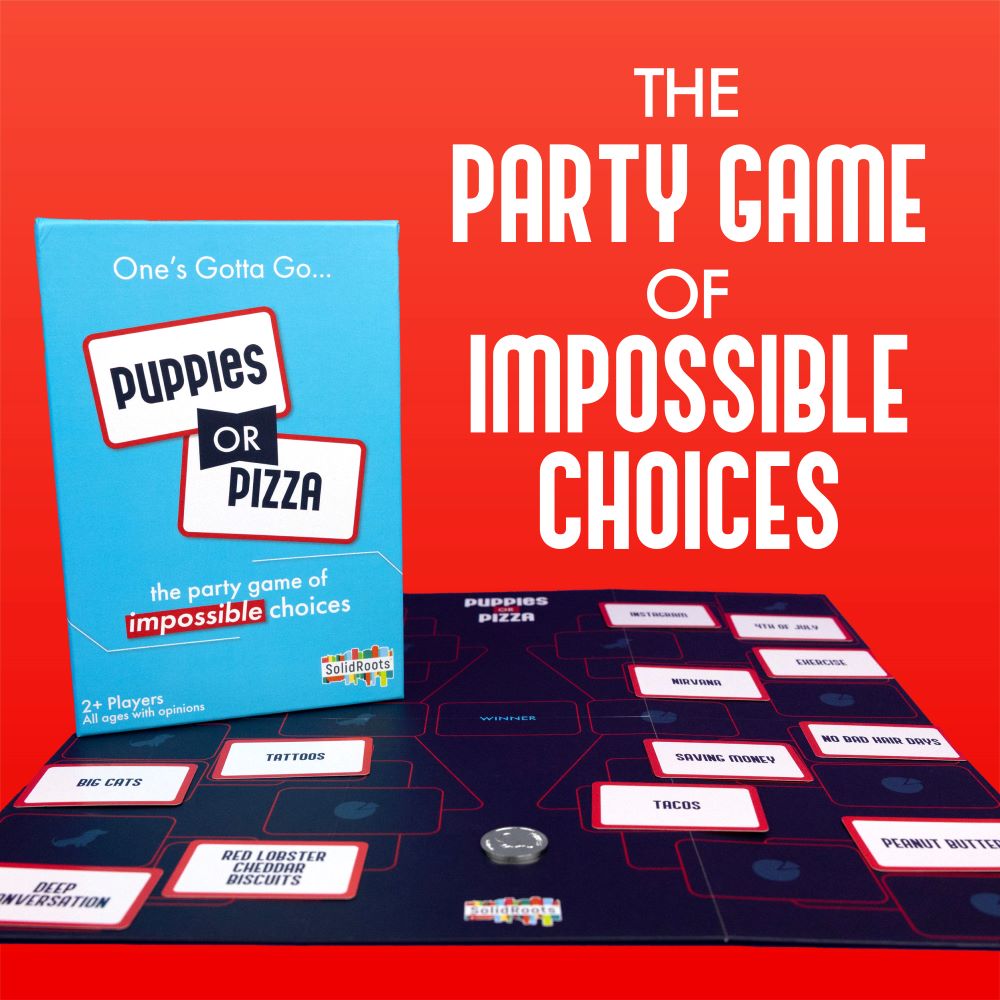 Spin Master Games, SolidRoots Puppies or Pizza? The Card Game of Impossible Choices | Family Games, Adult Games, Travel Games, Camping Games | Party Games for Adults & Kids Ages 8+