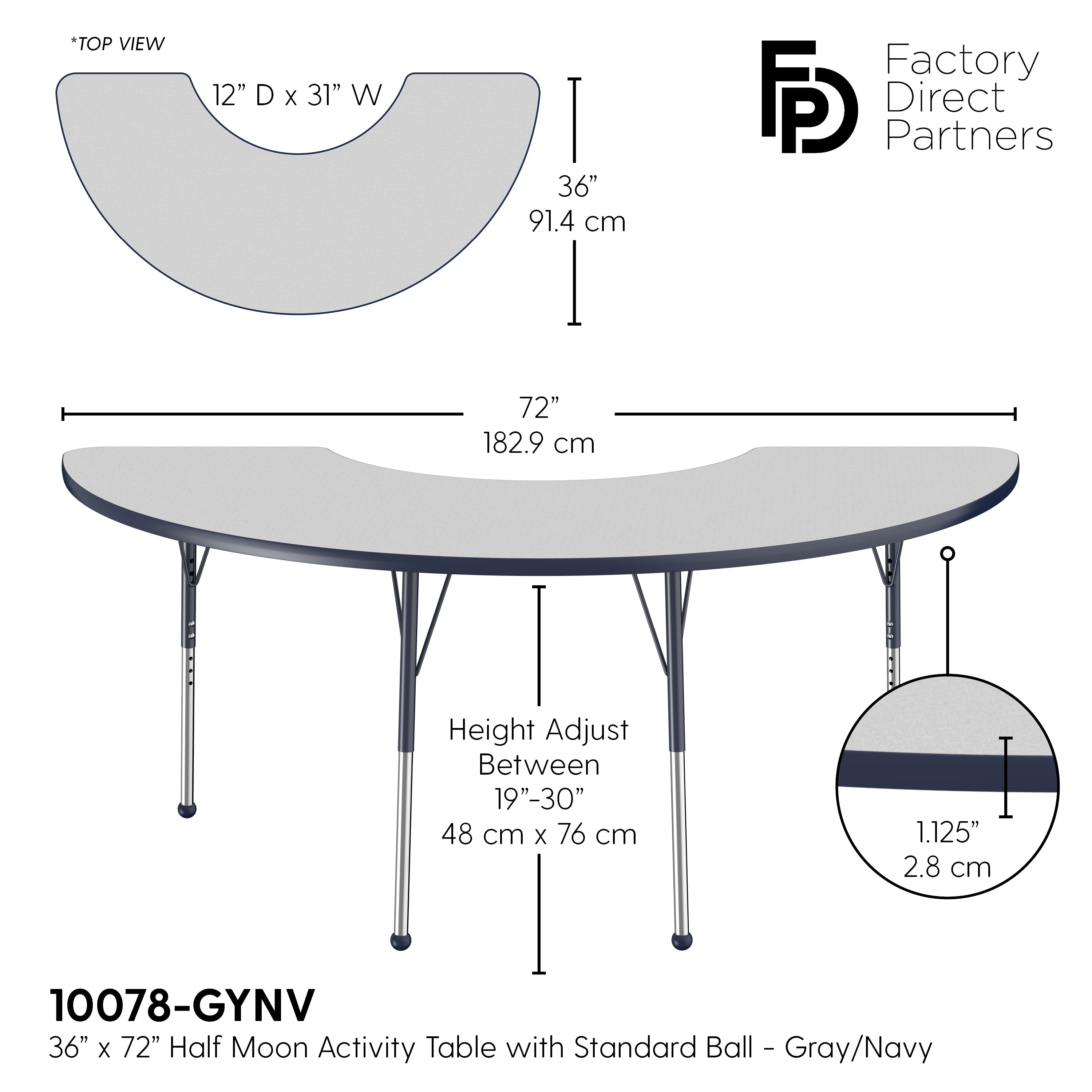 36" x 72" Half Moon T-Molding Activity Table with Adjustable Standard Ball Glide Legs - Gray/Navy