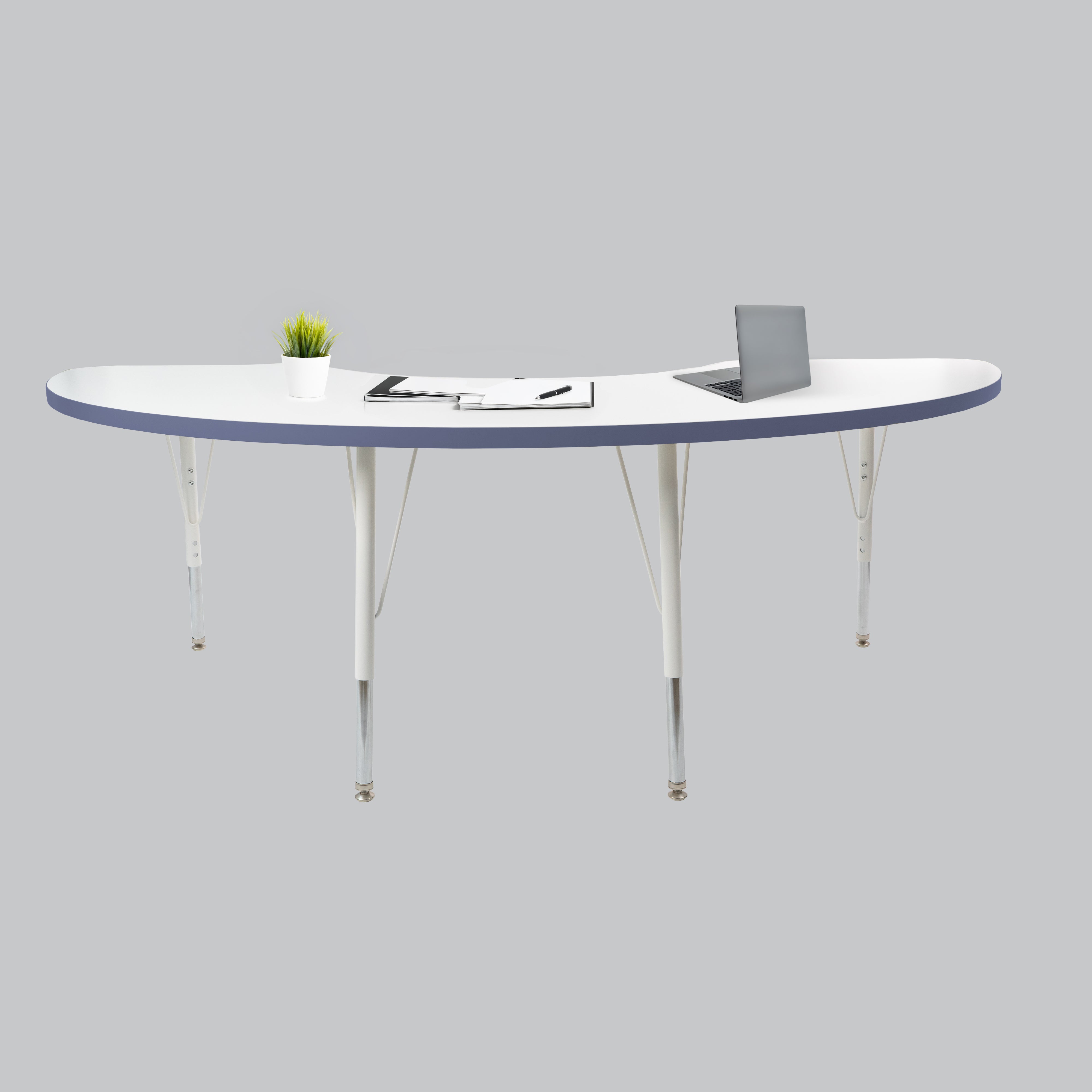 36" x 72" Half Moon Thermofused Activity Table with Adjustable Standard Swivel Glide Legs - White/Navy/White