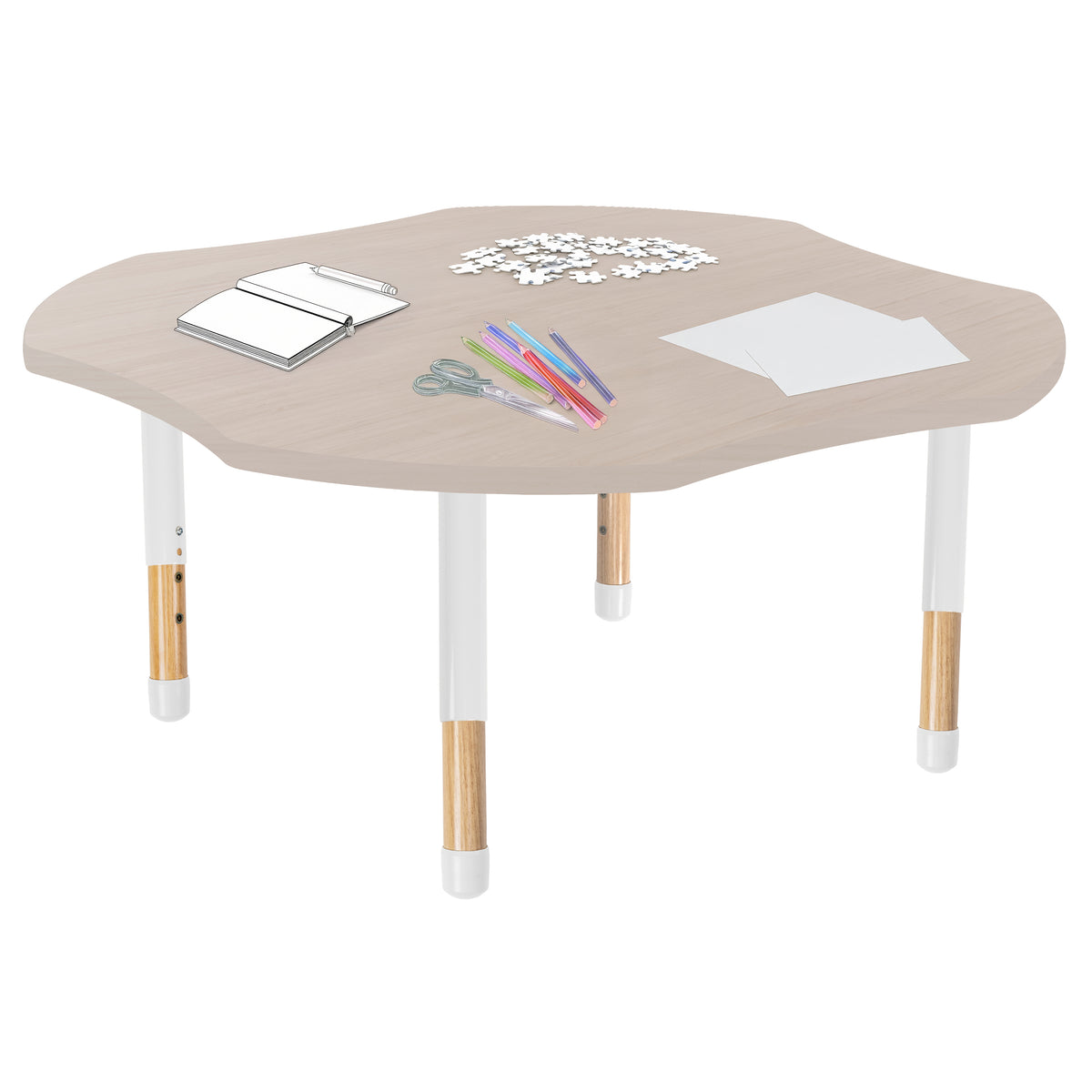 48" x 48" Clover Thermofused Activity Table with Adjustable Chunky Wood Legs - Asian Sand/White/Natural