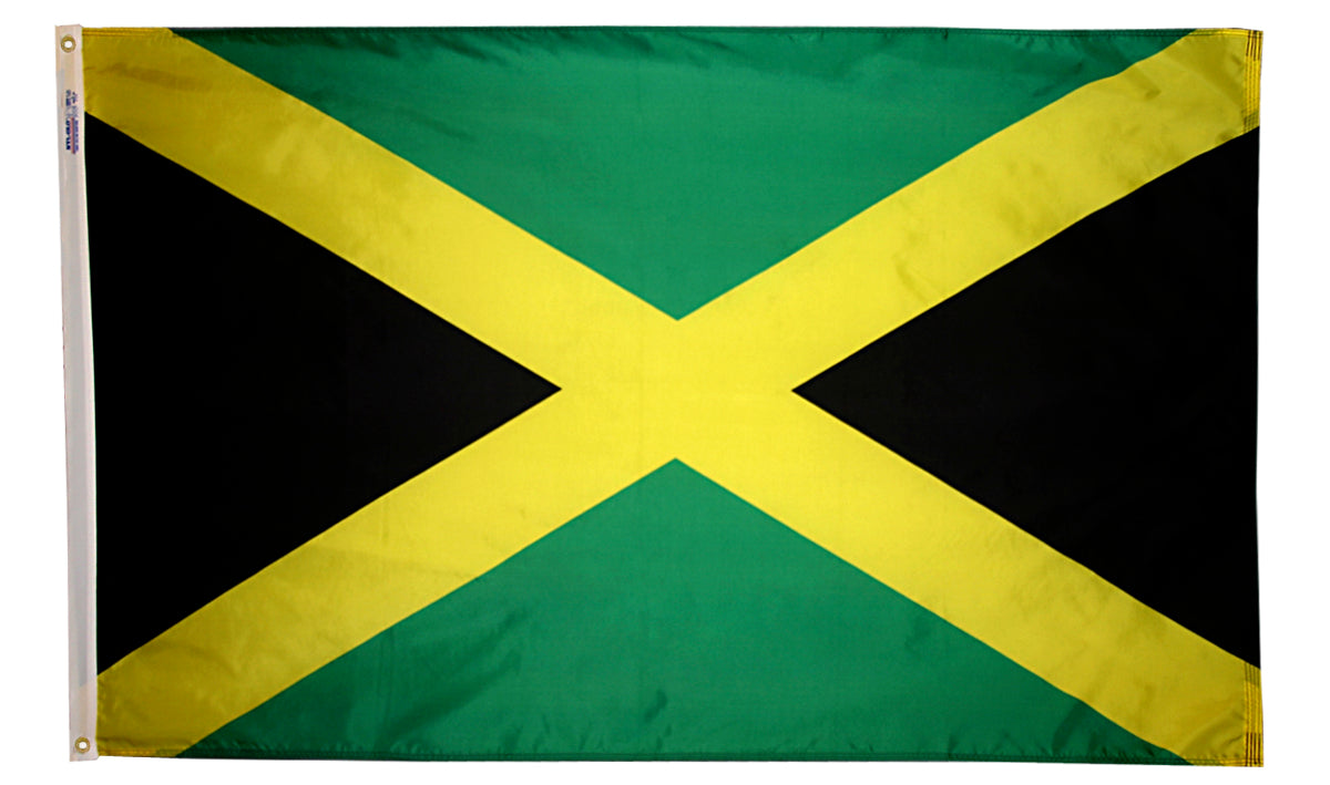 Jamaica Flag 5x8 ft. Nylon SolarGuard Nyl-Glo 100% Made in USA to Official United Nations Design Specifications.