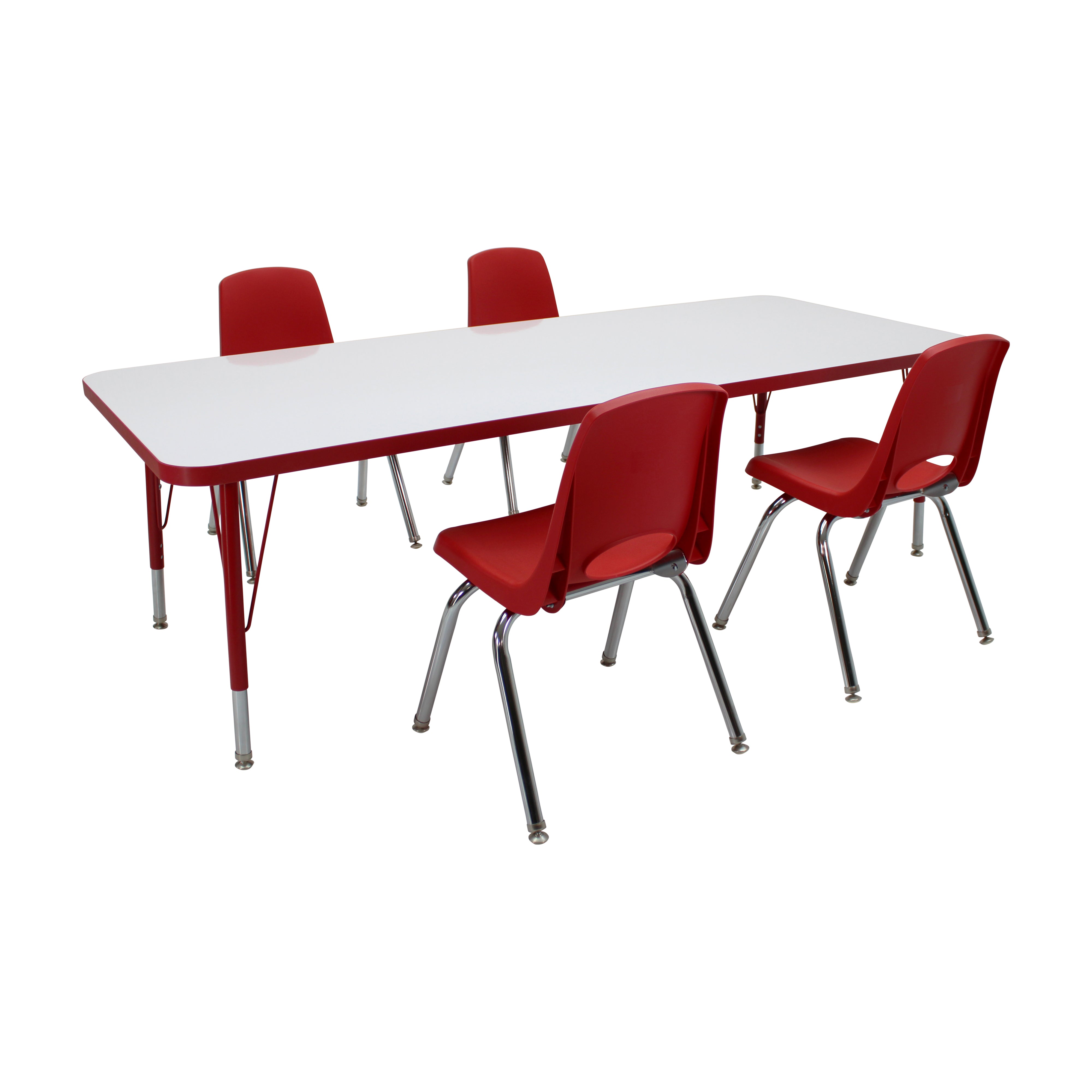30" x 72" Rectangle Dry-Erase Activity Table with Standard Legs and 14" Stack Chairs with Swivel Glides, 5-Piece Set - Whiteboard/Red
