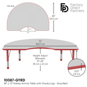 48" x 72" Kidney T-Molding Activity Table with Adjustable Chunky Legs - Gray/Red