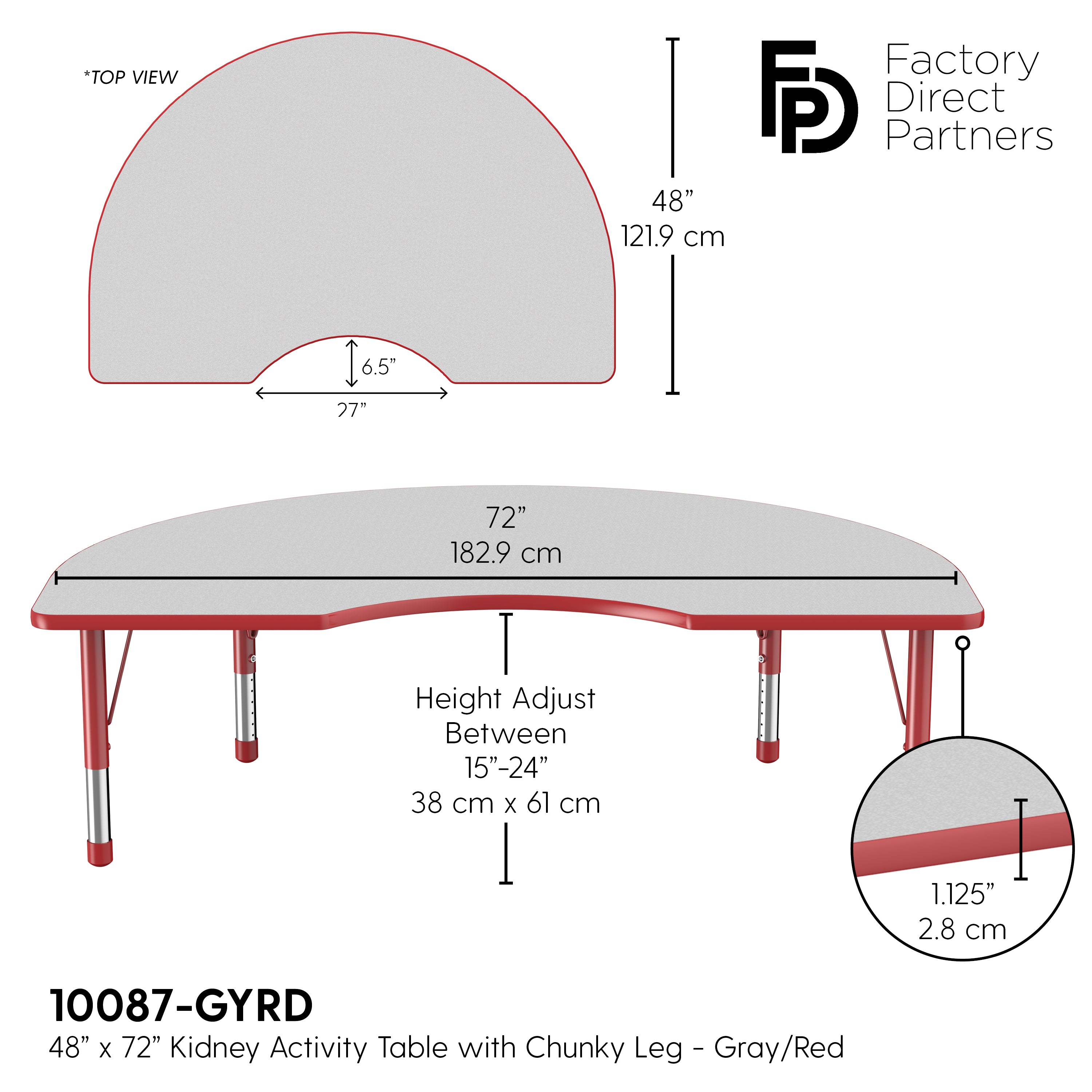 48" x 72" Kidney T-Molding Activity Table with Adjustable Chunky Legs - Gray/Red