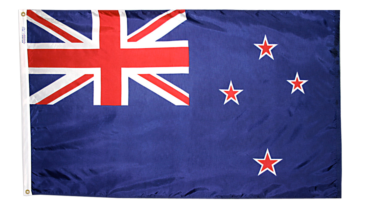 New Zealand Flag 5x8 ft. Nylon SolarGuard Nyl-Glo 100% Made in USA to Official United Nations Design Specifications.