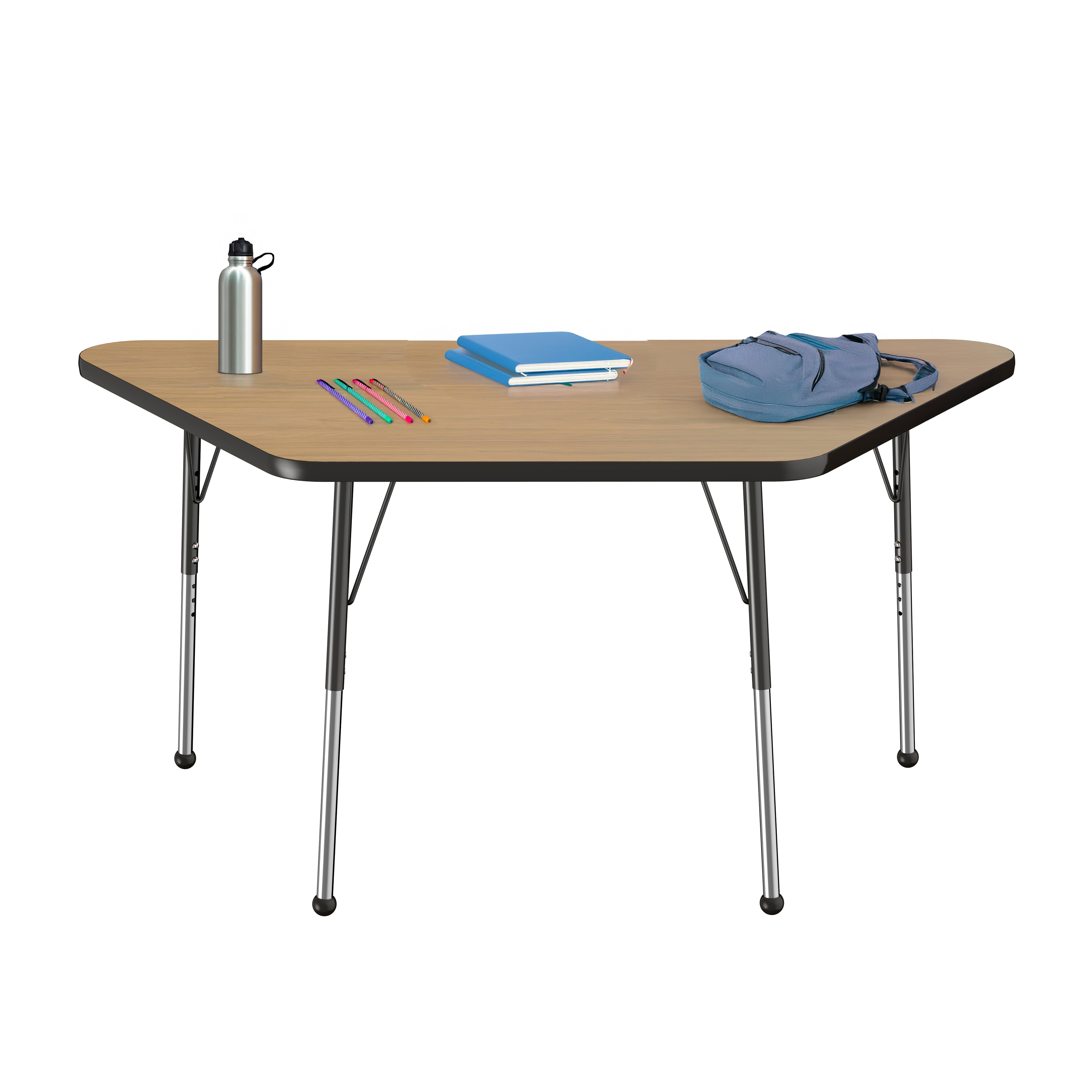 30" x 60" Trapezoid T-Molding Activity Table with Adjustable Standard Ball Glide Legs - Pasadena Oak/Black