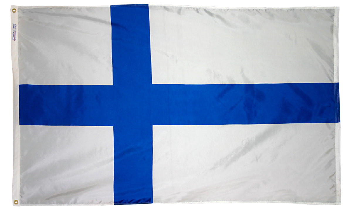 Finland Flag 2x3 ft. Nylon SolarGuard Nyl-Glo 100% Made in USA to Official United Nations Design Specifications.
