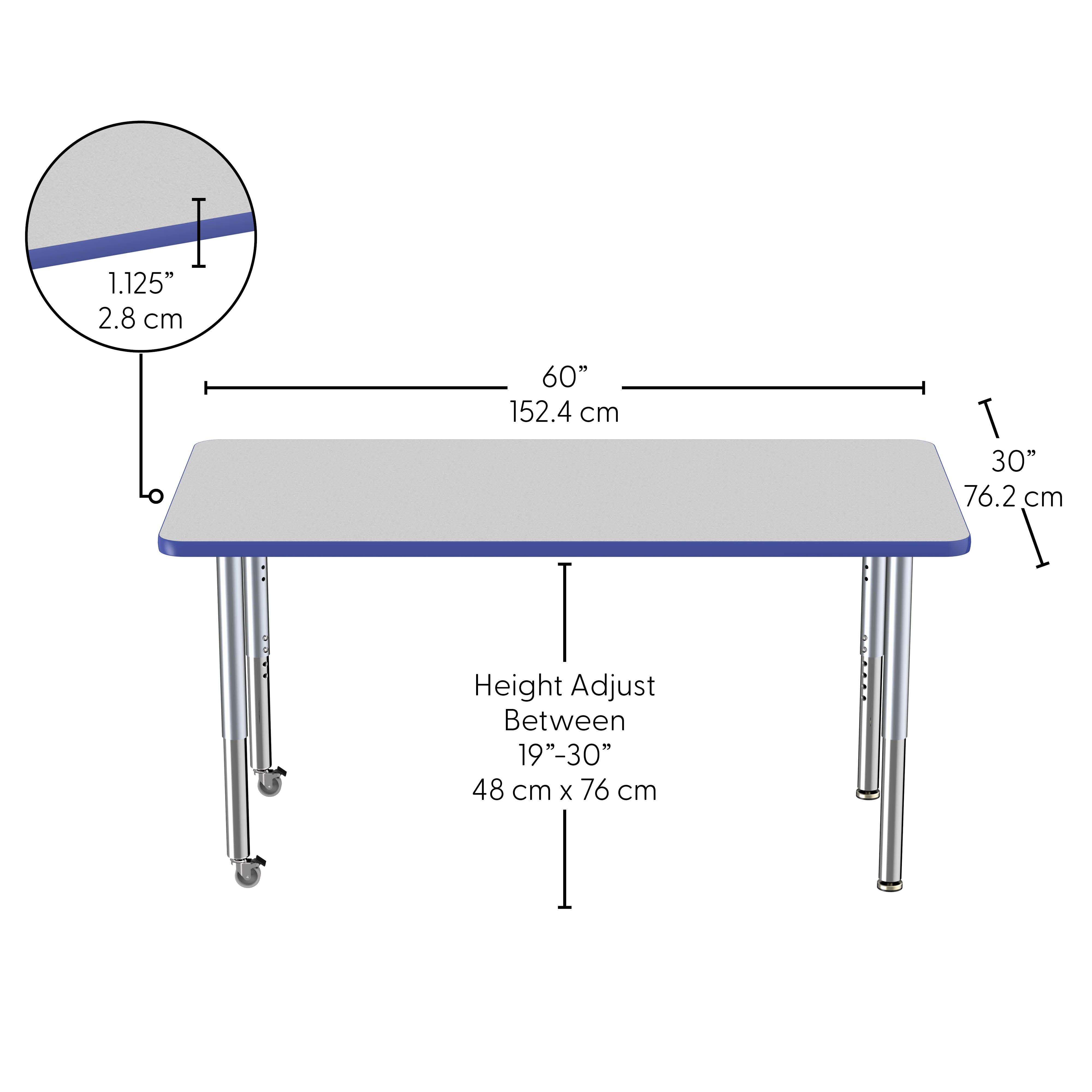 30" x 60" Rectangle Thermofused Activity Table with Adjustable Super Legs - Gray/Blue/Silver