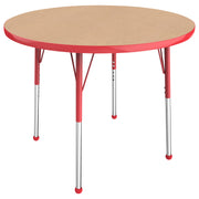 36" Round T-Molding Activity Table with Adjustable Standard Ball Glide Legs - Maple/Red