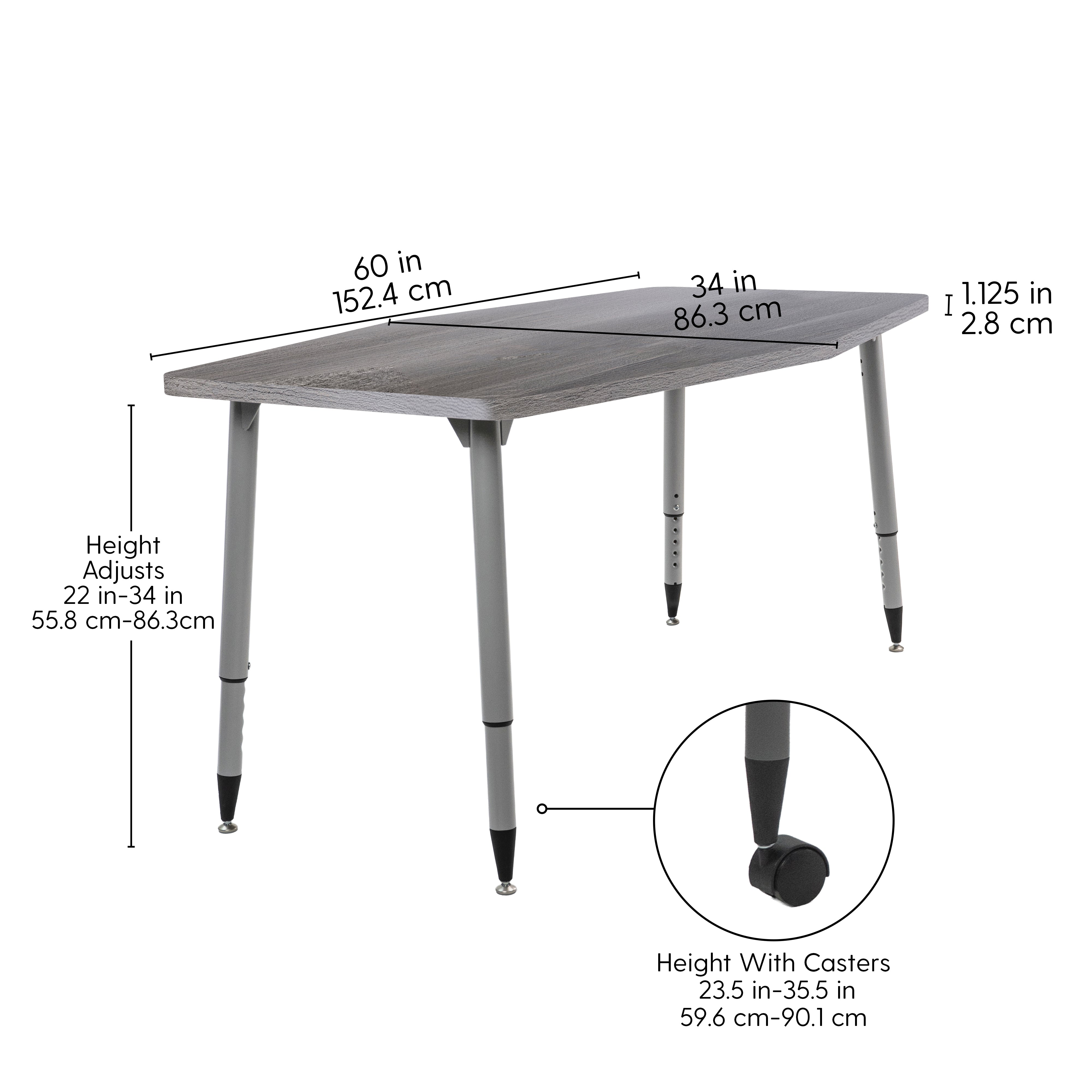 Adapte 34" x 60" Long Hexagon Woodgrain Activity Table with Adjustable Tapered Legs - Gray Wood/Silver