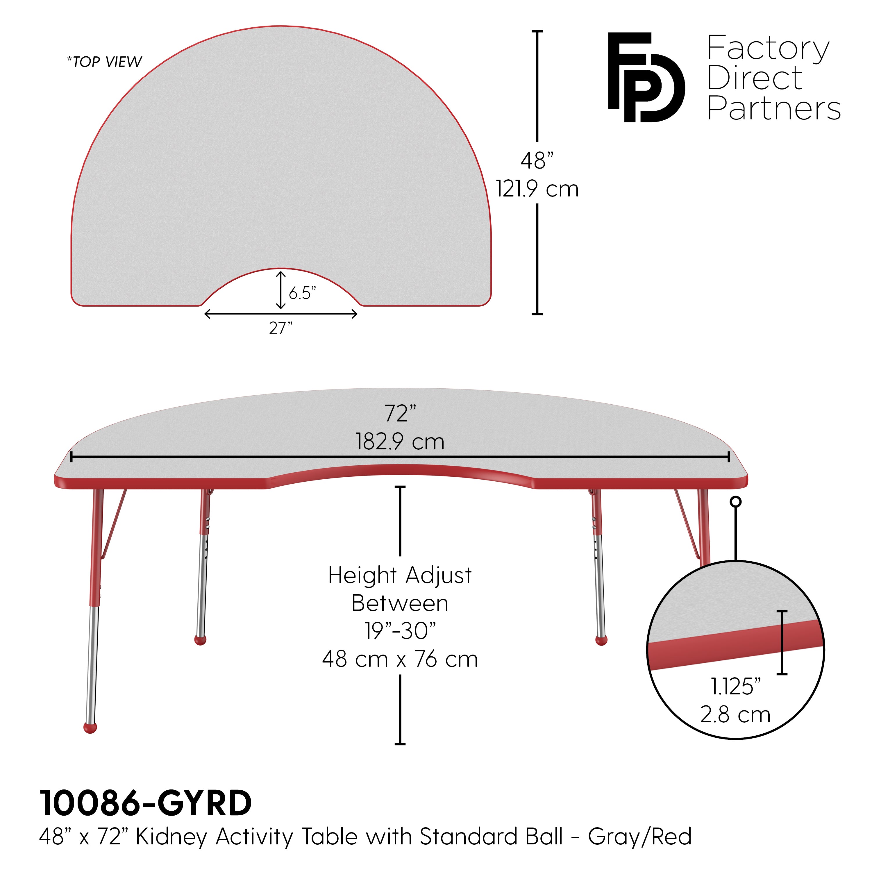 48" x 72" Kidney T-Molding Activity Table with Adjustable Standard Ball Glide Legs - Gray/Red