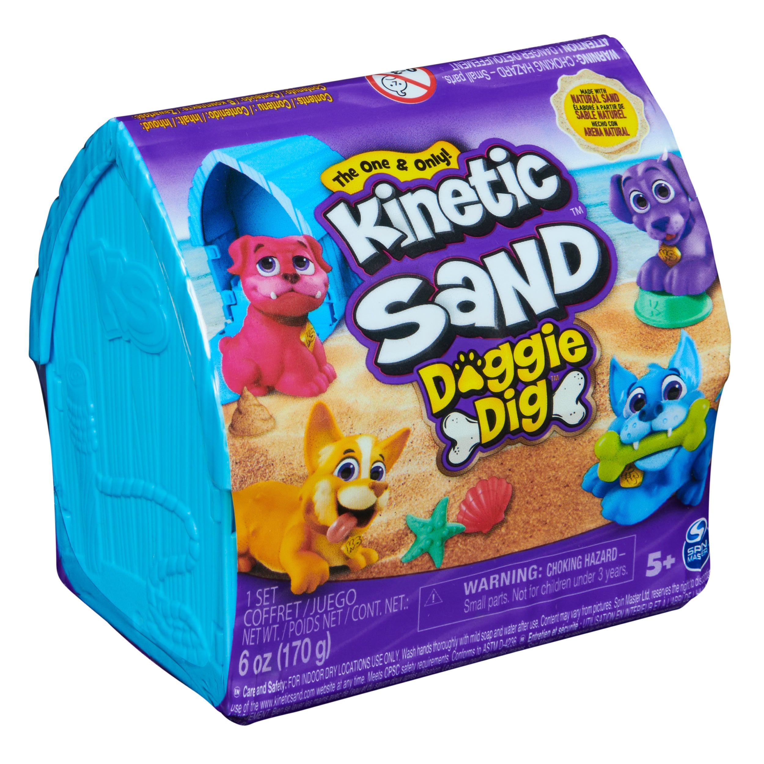 Kinetic Sand, Doggie Dig with Surprise Multipurpose Dog Tool, 6oz Beach Sand and Play Sand Storage Styles May Vary, Sensory Toys for Kids