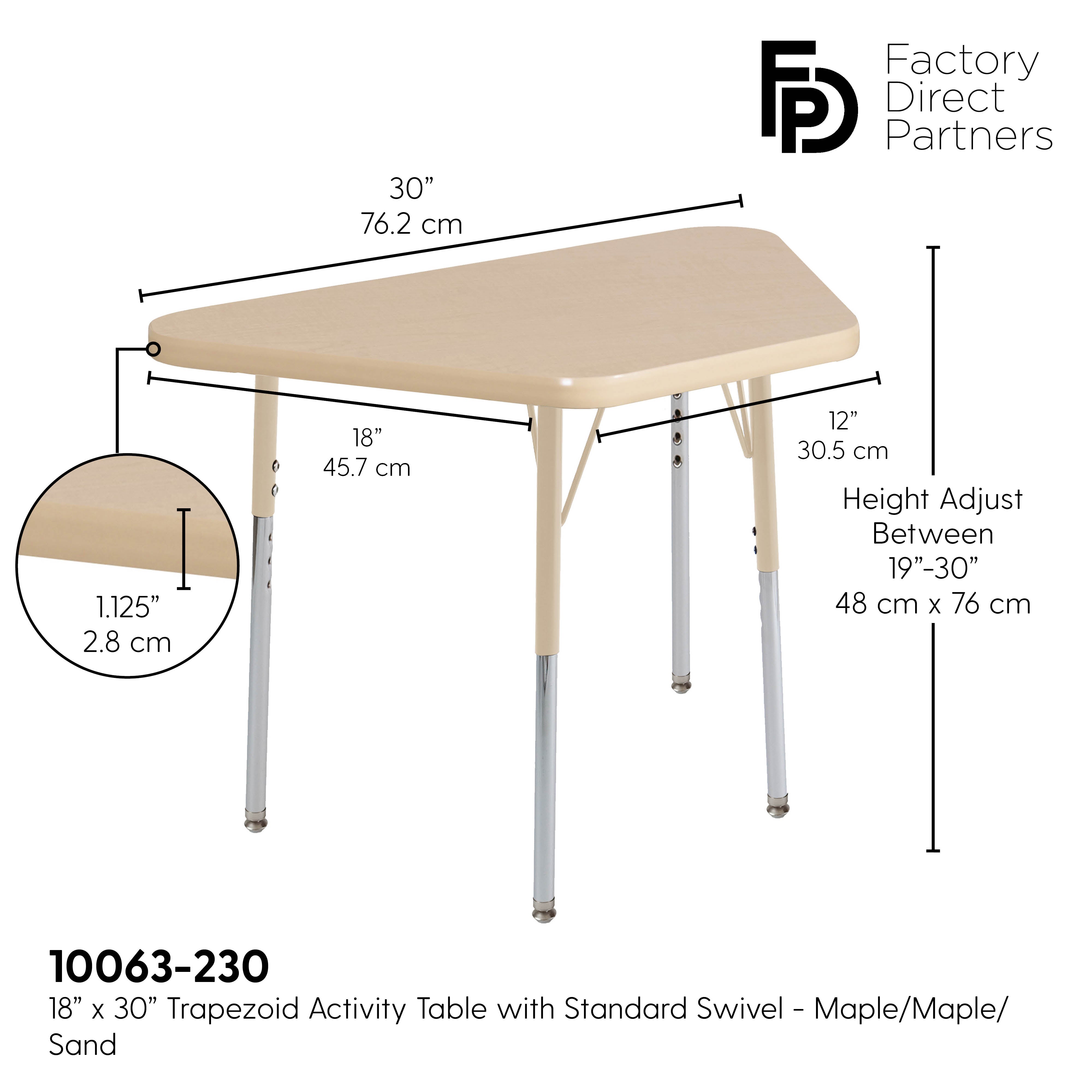 18" x 30" Trapezoid T-Molding Activity Table with Adjustable Standard Swivel Glide Legs - Maple/Sand