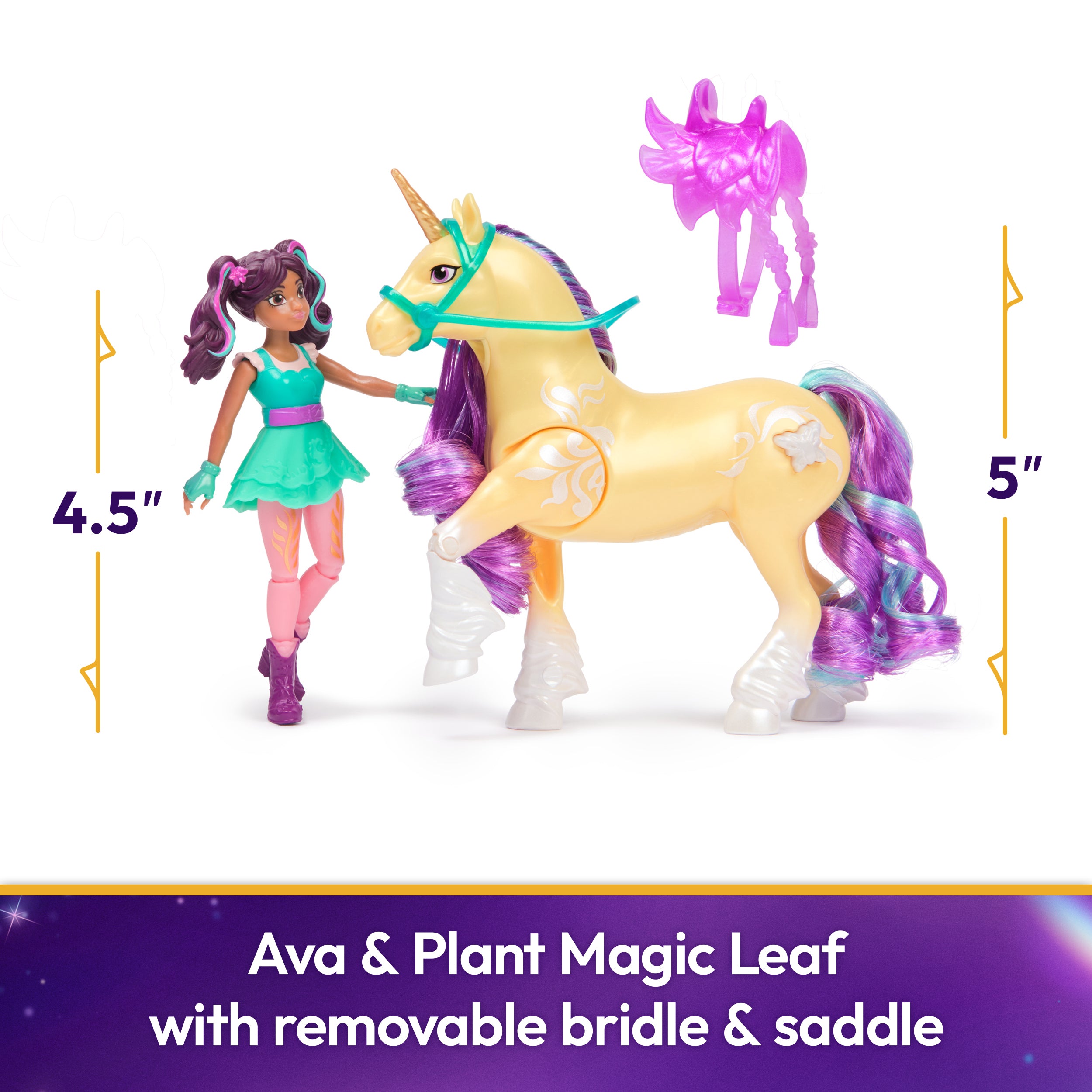 Unicorn Academy, Ava & Plant Magic Leaf with Light-up Effect, 2 Riding Accessories, Dolls & Unicorn Toys for Girls Ages 4 and up