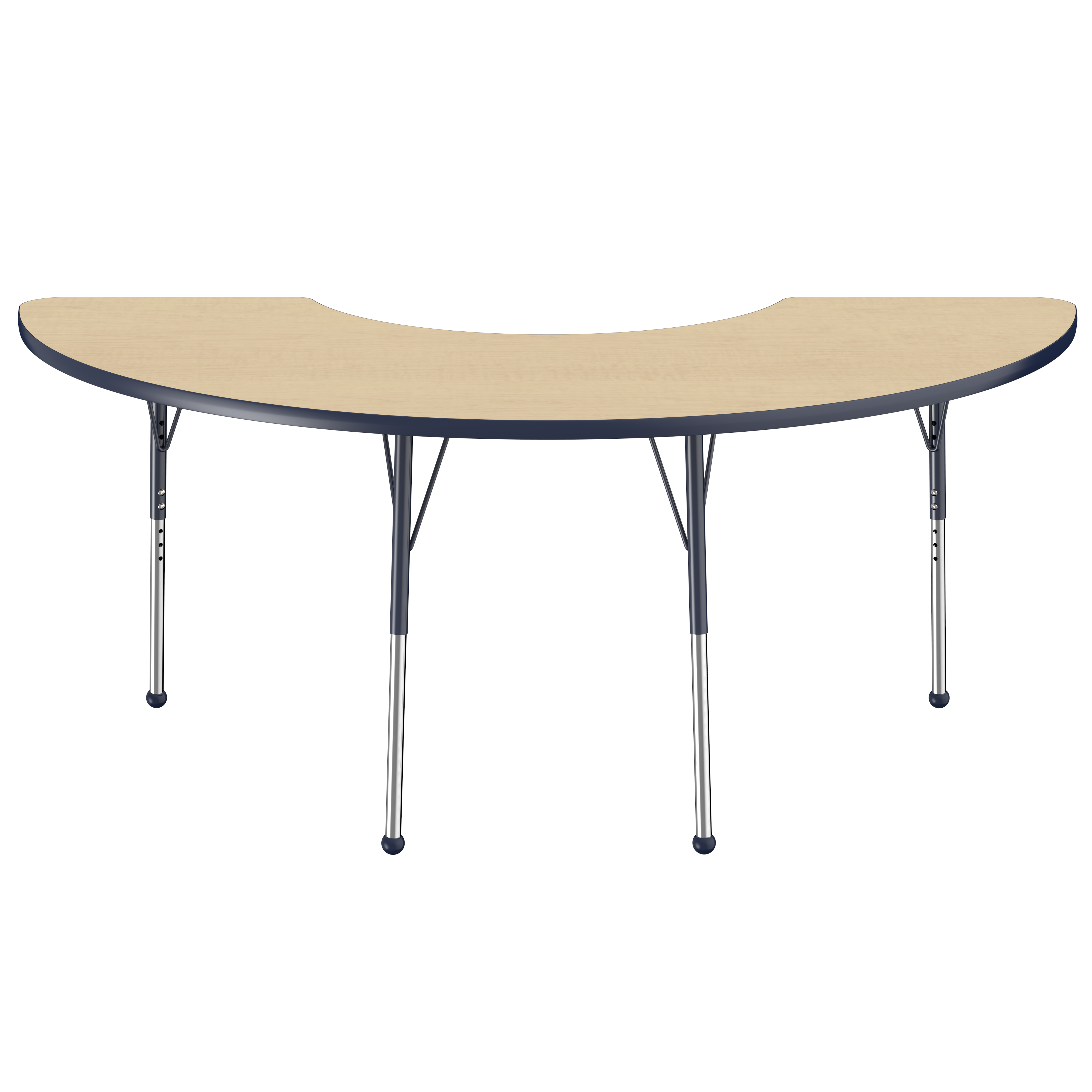 36" x 72" Half Moon T-Molding Activity Table with Adjustable Standard Ball Glide Legs - Maple/Navy