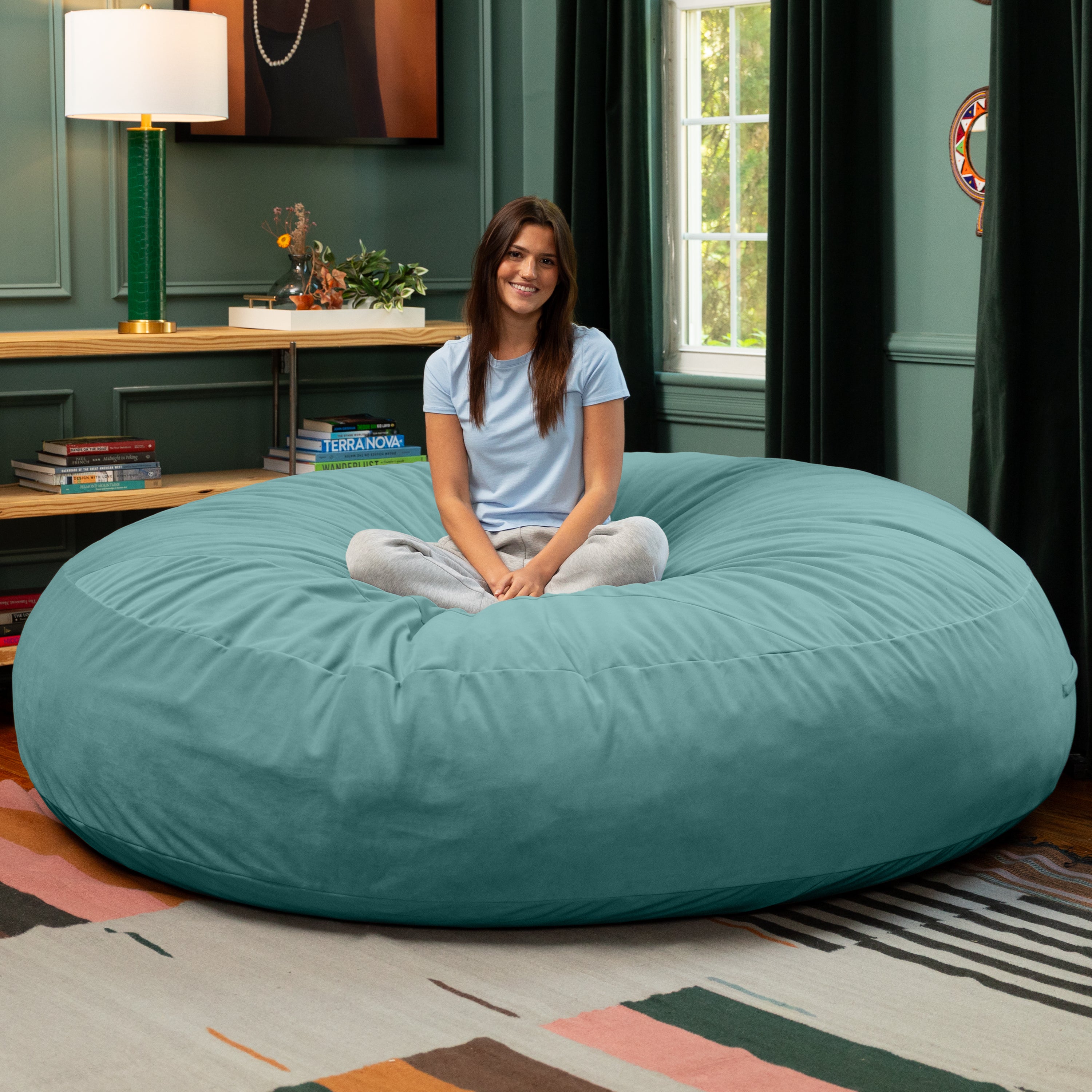 Jaxx 7 Foot Cocoon - 2-in-1 Convertible Bean Bag Bed & Large Bean Bag Chair for Adults, Lush Velvet Turquoise