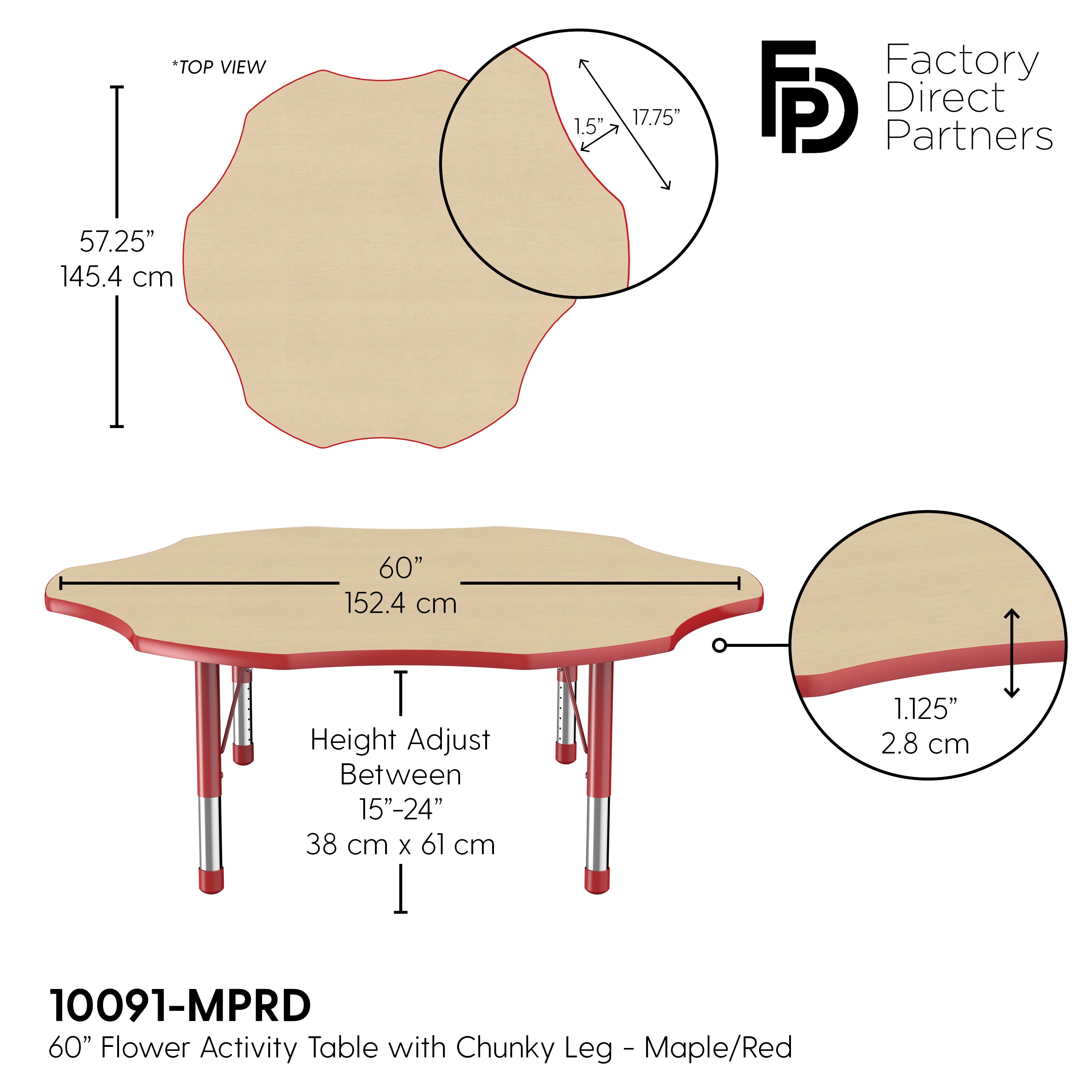 60" x 60" Flower T-Molding Activity Table with Adjustable Chunky Legs - Maple/Red