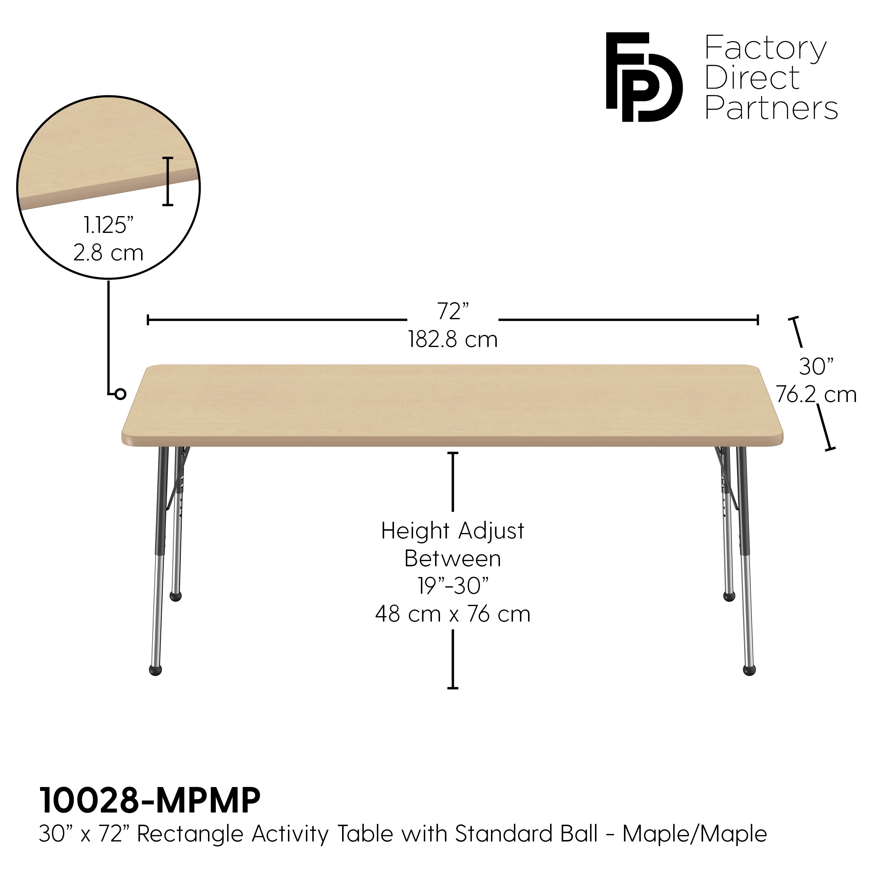 30" x 72" Rectangle T-Molding Activity Table with Adjustable Standard Ball Glide Legs - Maple/Maple/Black